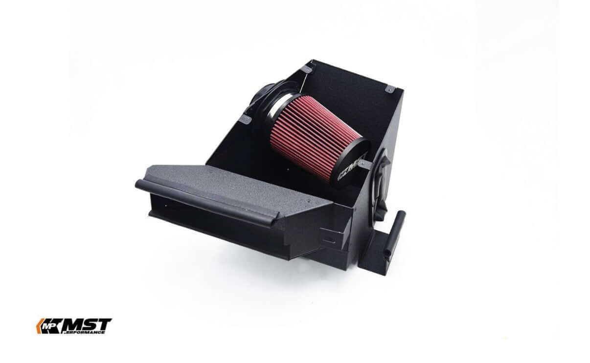 MST Performance Induction Kit for A35, A250, CLA250, CLA35 Mercedes with black powdercoated heat shield and red filter.