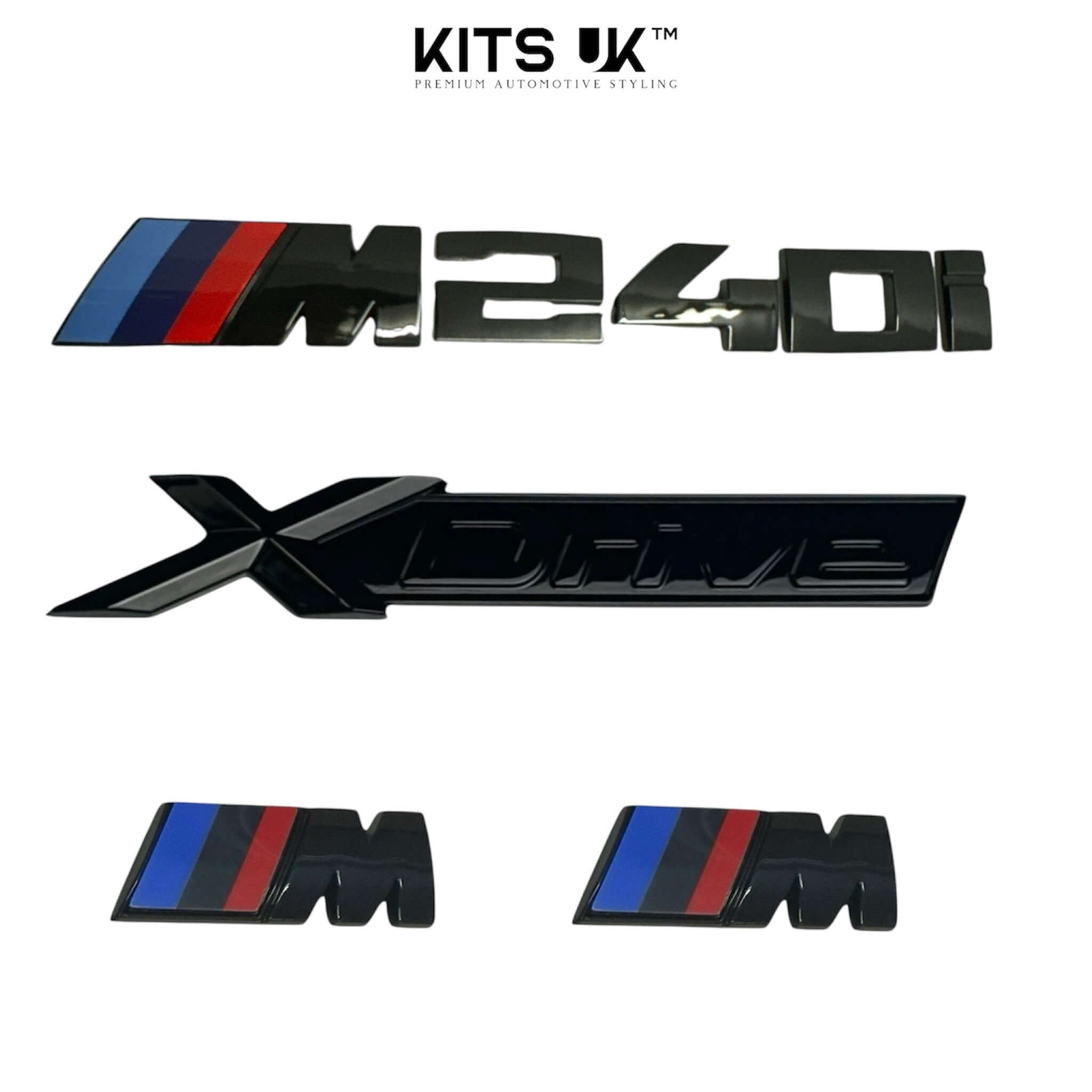 BMW XDrive Black Badge Package components including M240i, XDrive, and M badges in high gloss black.