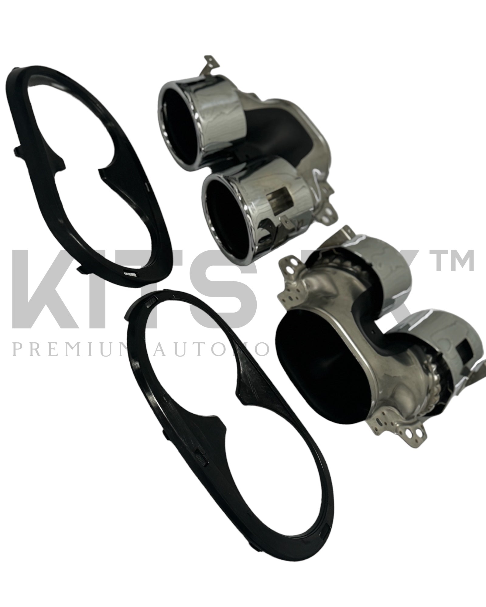 Mercedes A35 Quad Tips chrome and black exhaust tips with mounting rings for enhanced rear styling