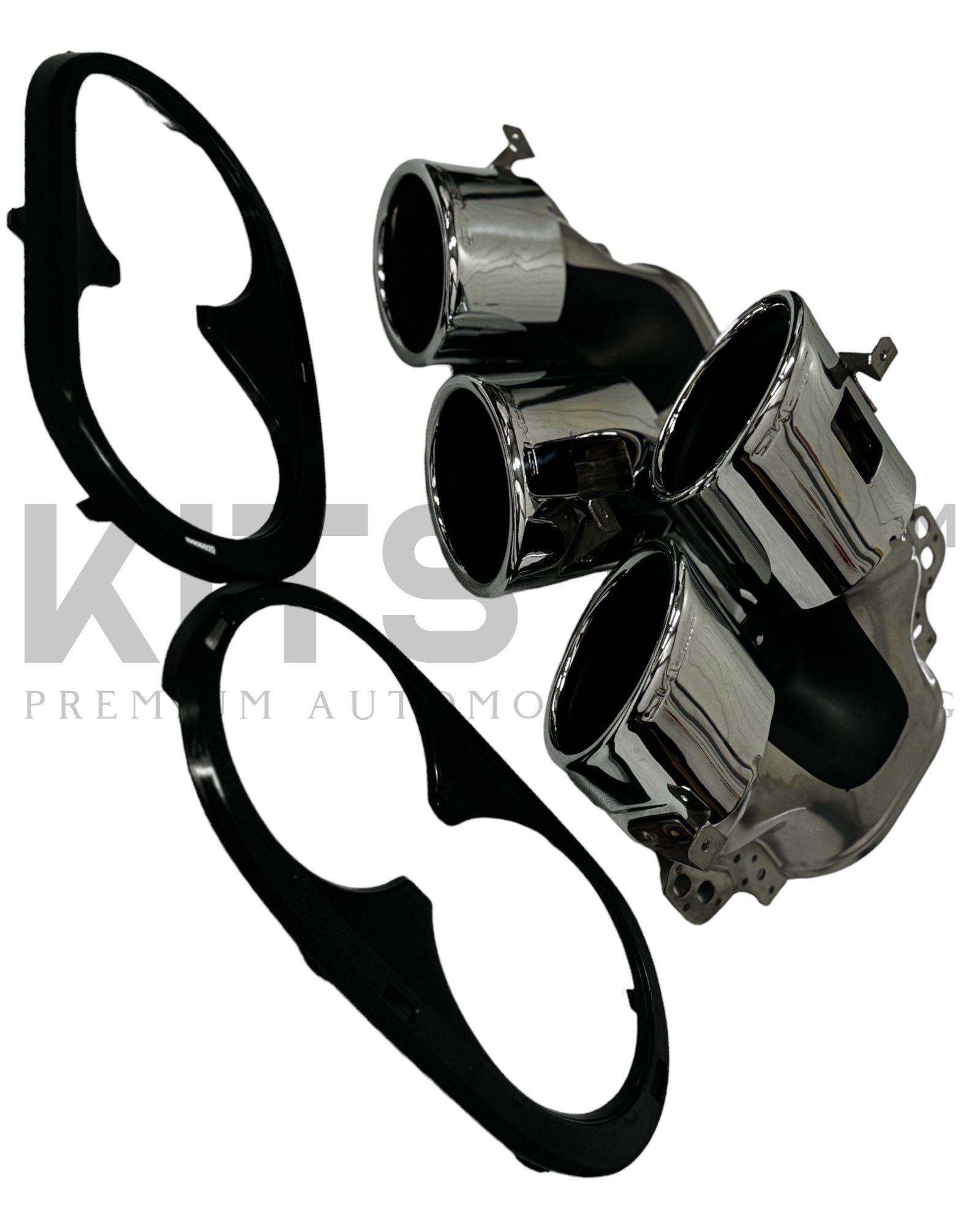 Mercedes A35 Quad Tips chrome exhaust tips and mounting brackets for a sportier vehicle finish.