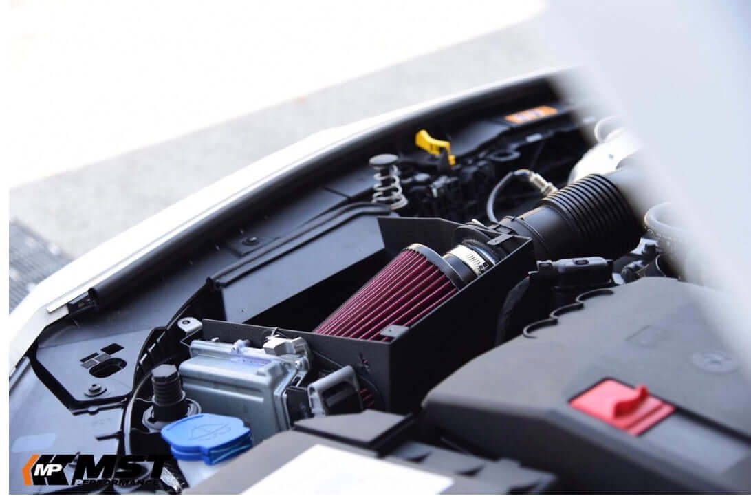 MST Performance Induction Kit for A35, A250, CLA250, CLA35 Mercedes installed under the hood of a car.