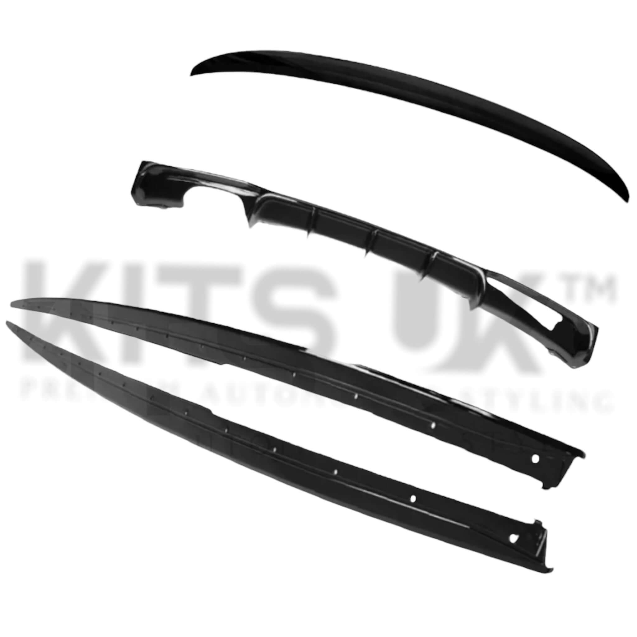BMW F30 rear end package components, including rear spoilers and trims for styling upgrade.