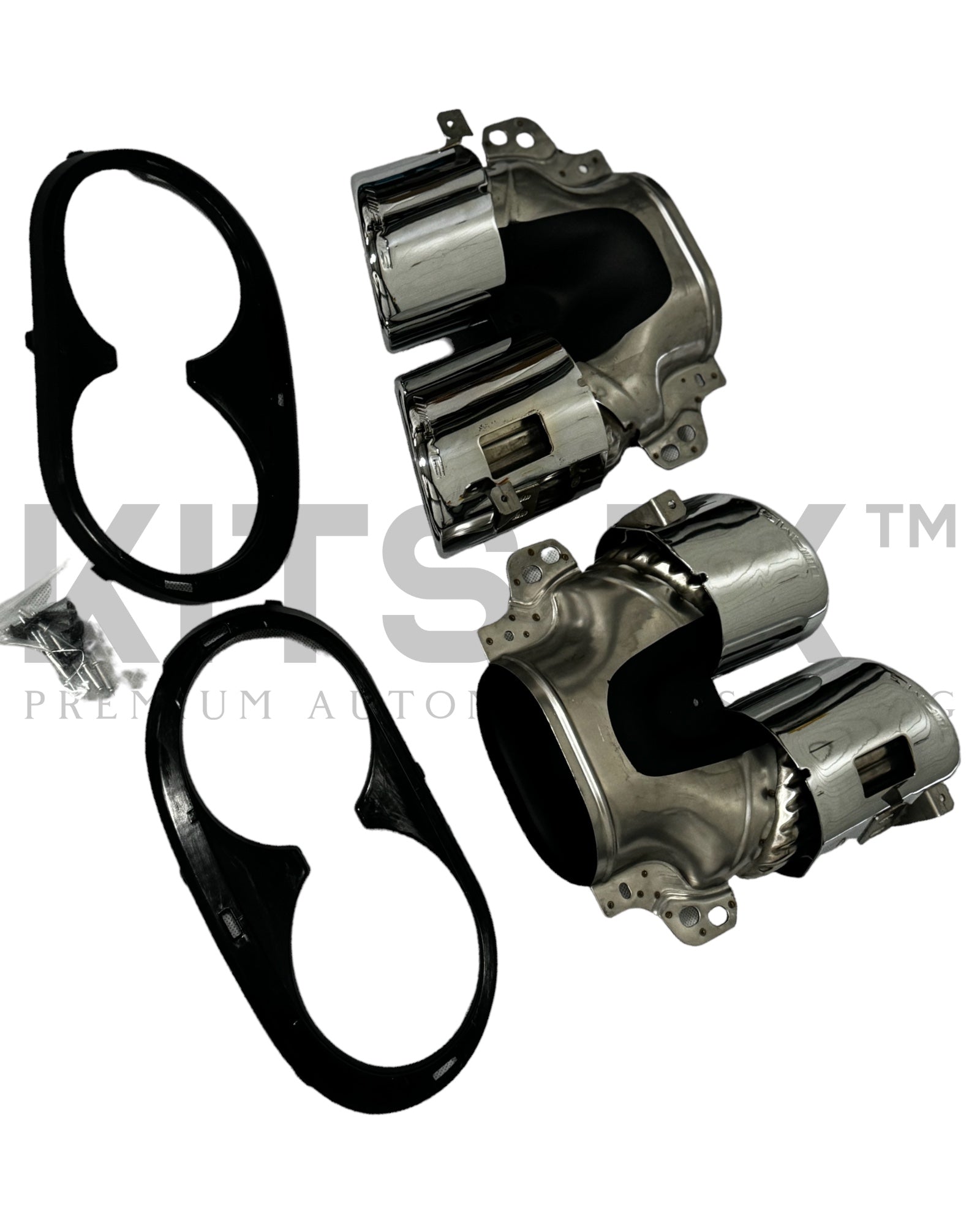 Mercedes A35 Quad Tips showcasing chrome exhaust tips and installation hardware.