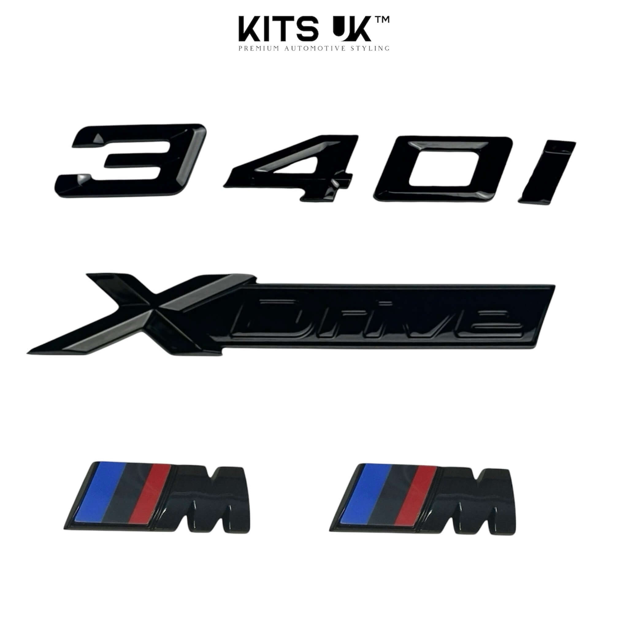 BMW XDrive Black Badge Package featuring gloss black 340i, XDrive, and M badges for a sleek appearance.