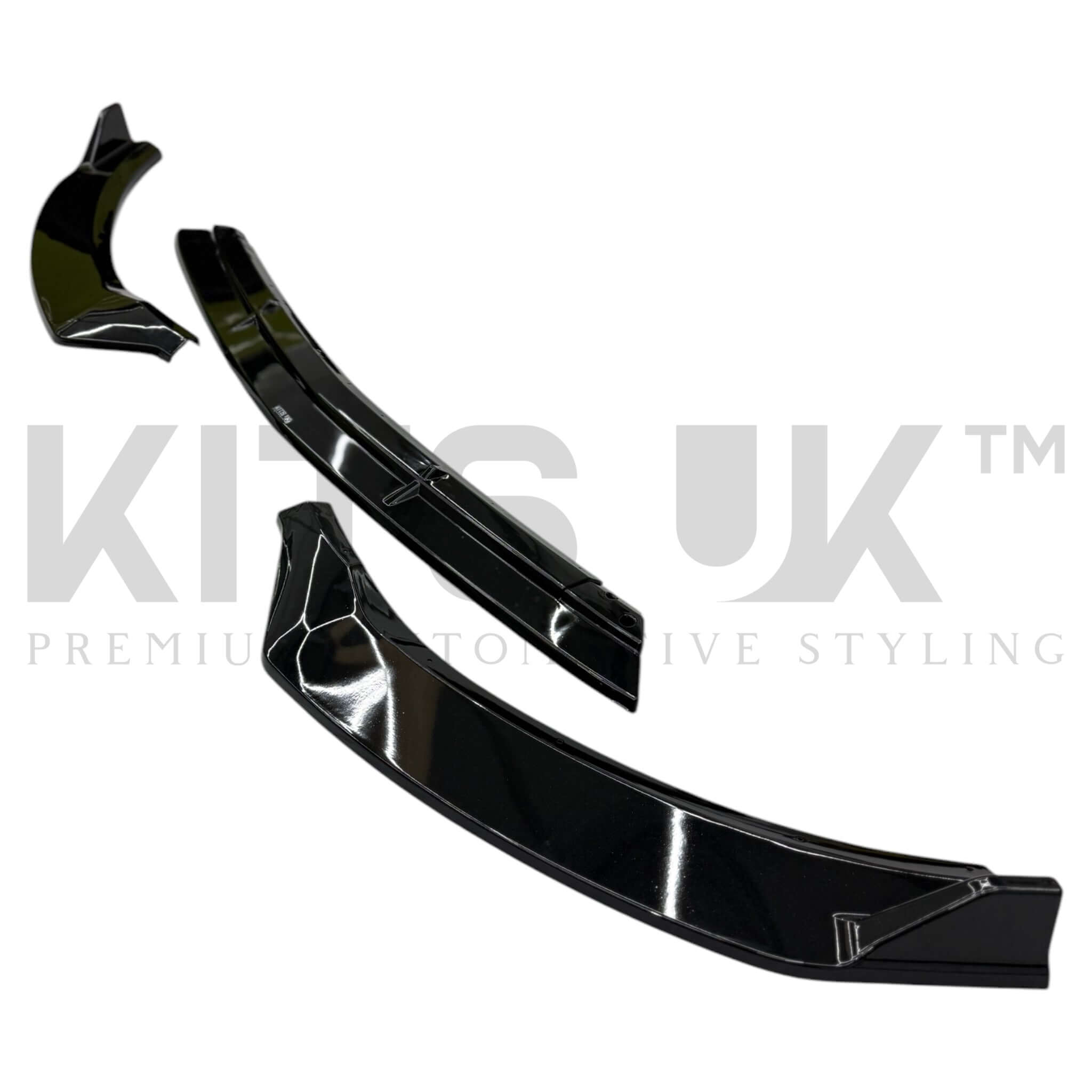 Mercedes W118 CLA front splitter set featuring sleek design and glossy black finish.