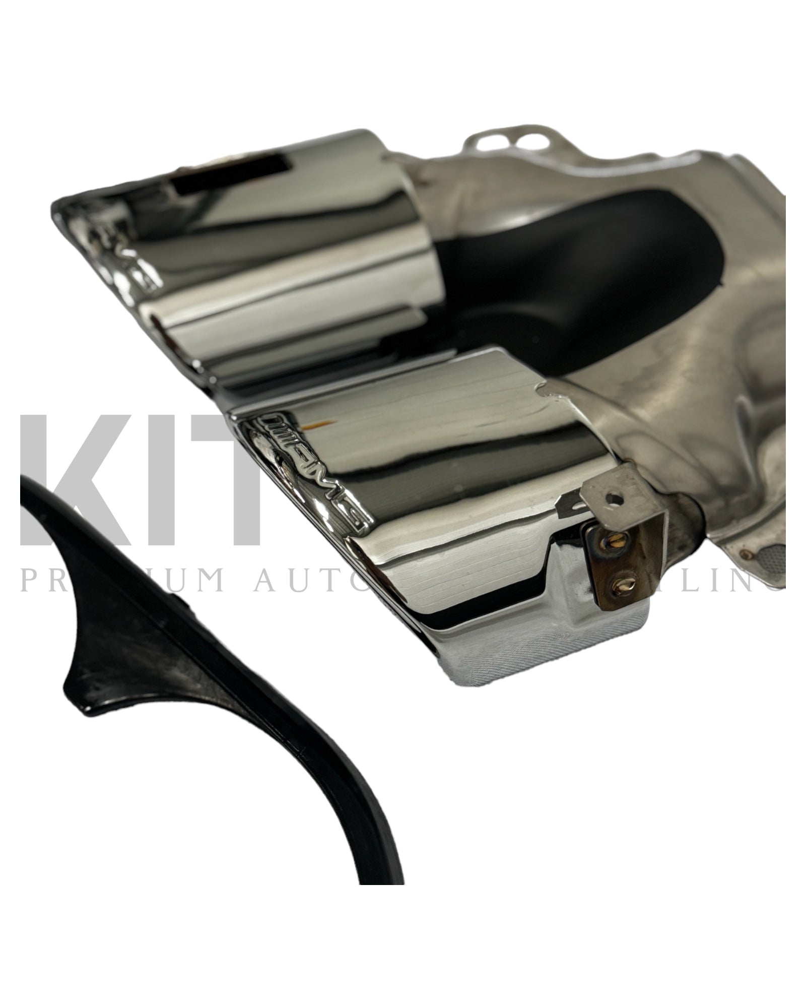 Mercedes A35 Quad Tips with a polished chrome finish showcasing dual exhaust outlets.