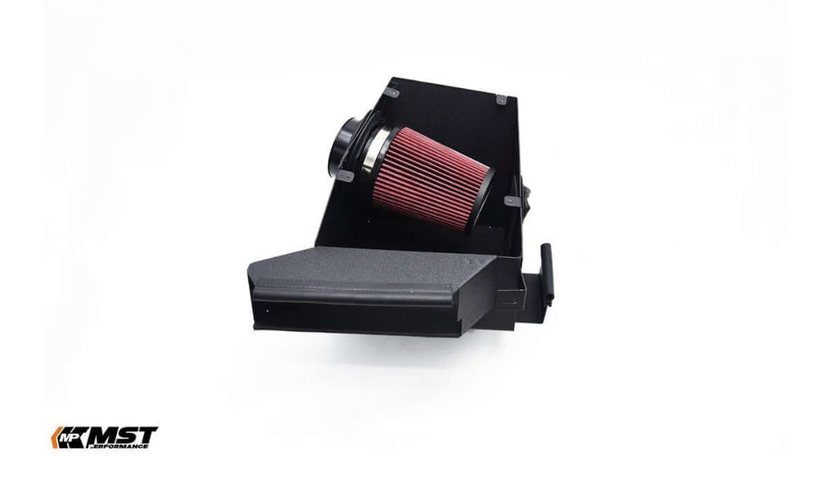 MST Performance Induction Kit for A35, A250, CLA250, CLA35 Mercedes with black heat shield and red filter.