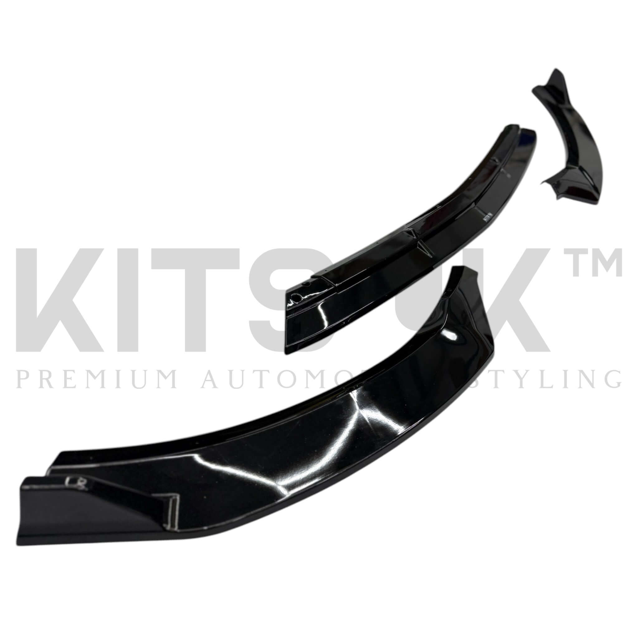 Mercedes W118 CLA front splitter in glossy black finish for enhanced aerodynamics and aggressive styling.