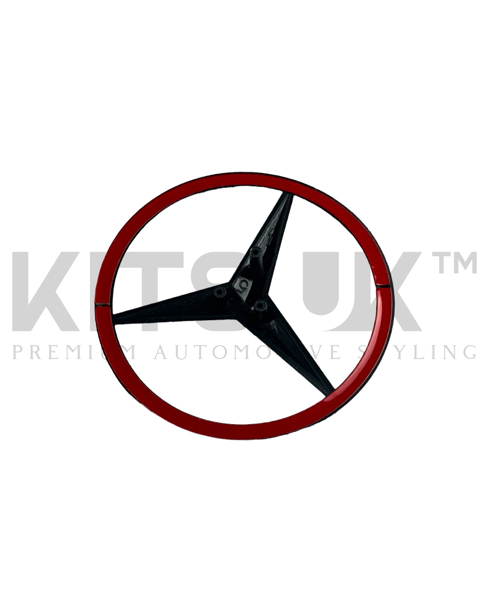 Mercedes W177 A35 A45 Gloss Black Tailgate Star Badge with red accents on steering wheel emblem