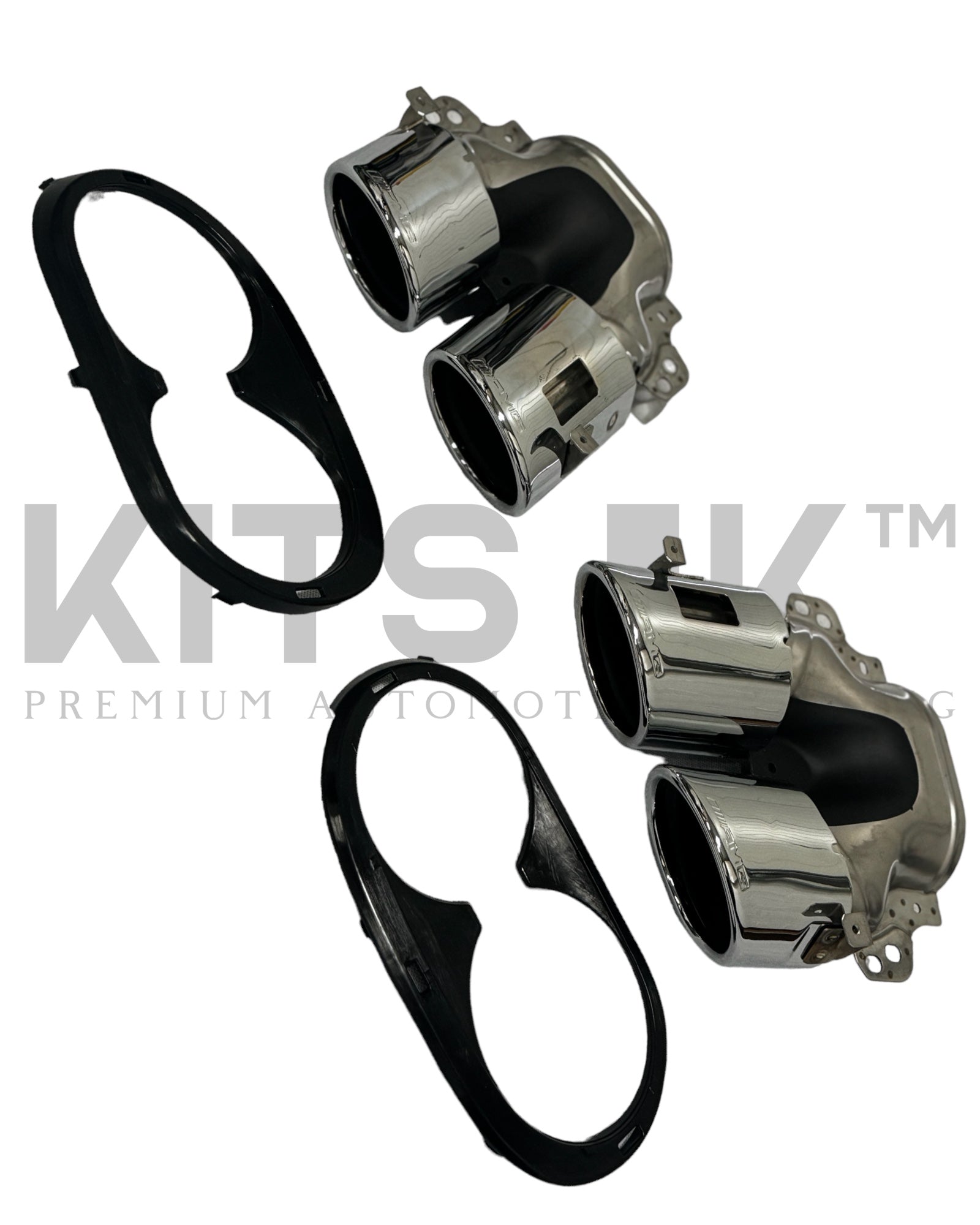 Mercedes A35 Quad Tips in gloss black and chrome finish with exhaust tip bezels