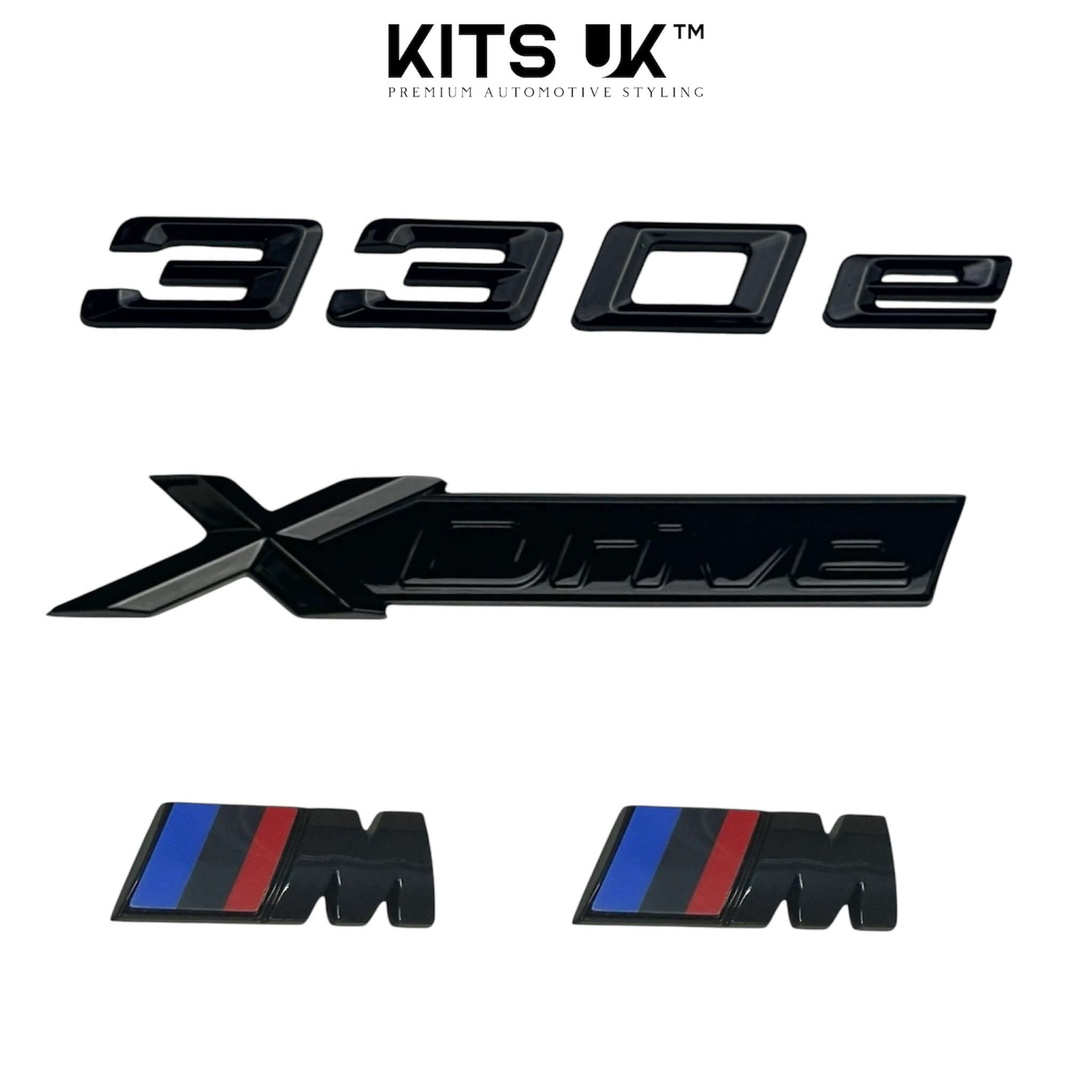 BMW XDrive Black Badge Package components including 330e and M badges in high gloss black finish.