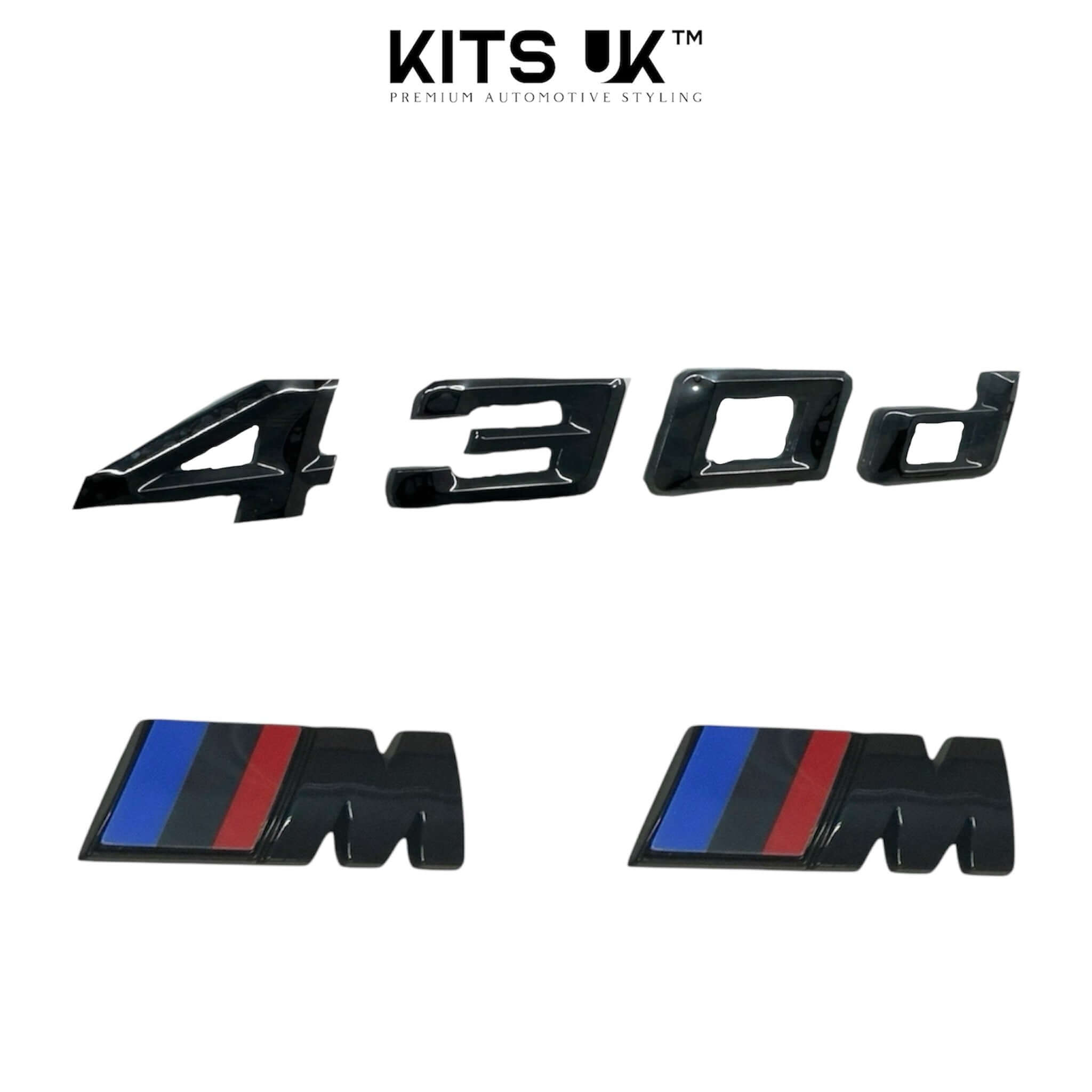 BMW RWD Black Badge Package with black 430d and M badges for enhanced vehicle styling.