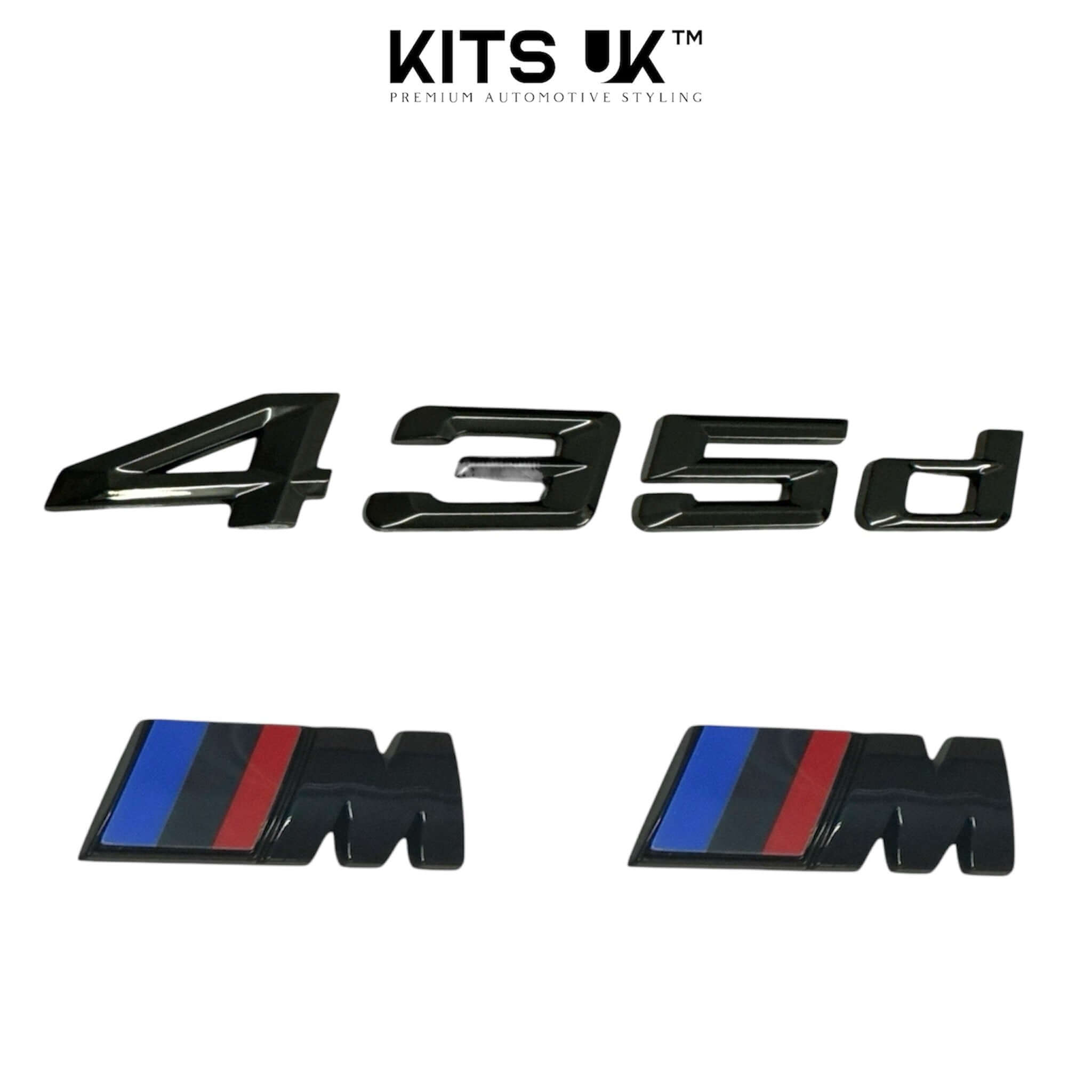 BMW RWD Black Badge Package including gloss black 435d and M badges for a modern styling upgrade.