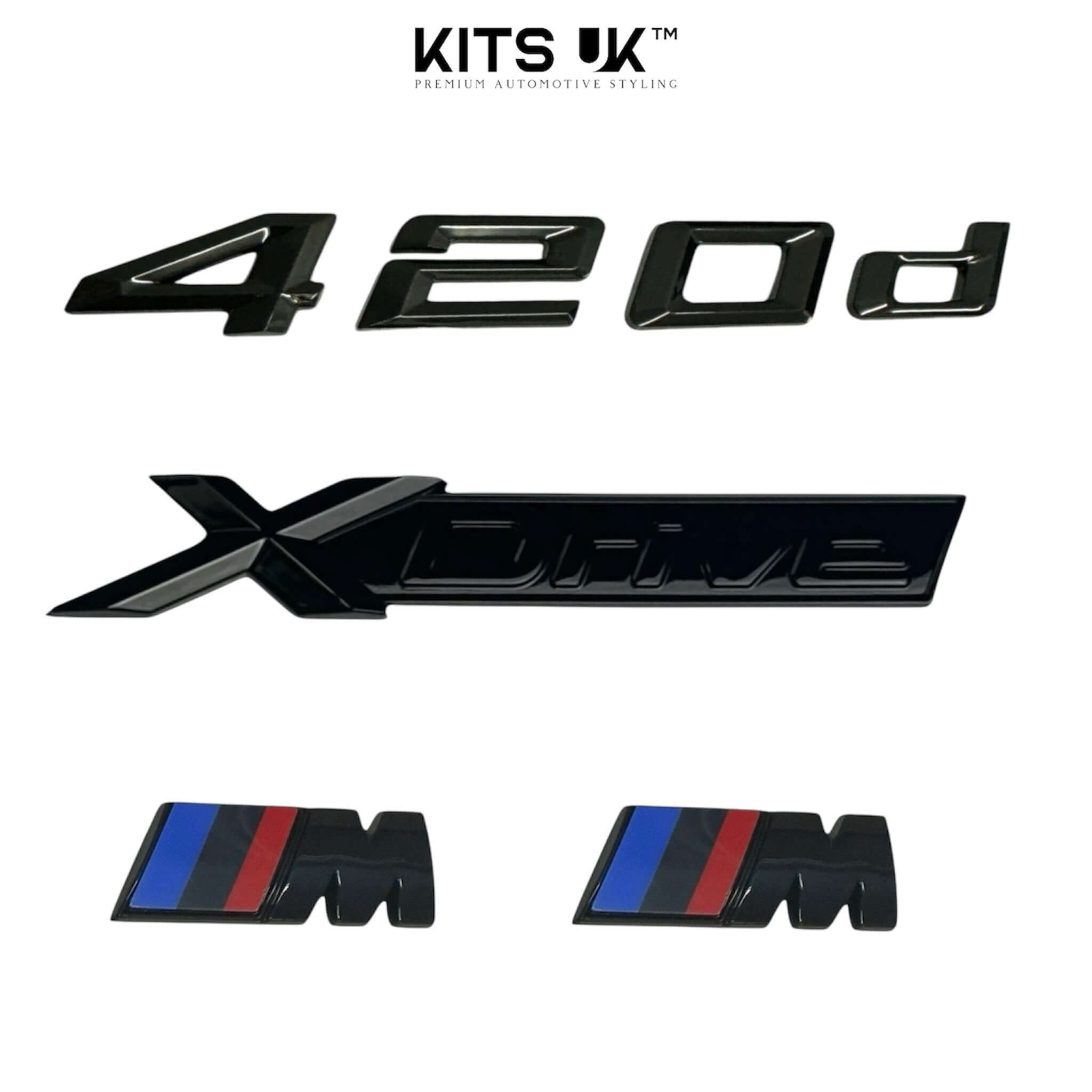 BMW XDrive Black Badge Package with high gloss black 420d, XDrive, and M badges for enhanced styling.