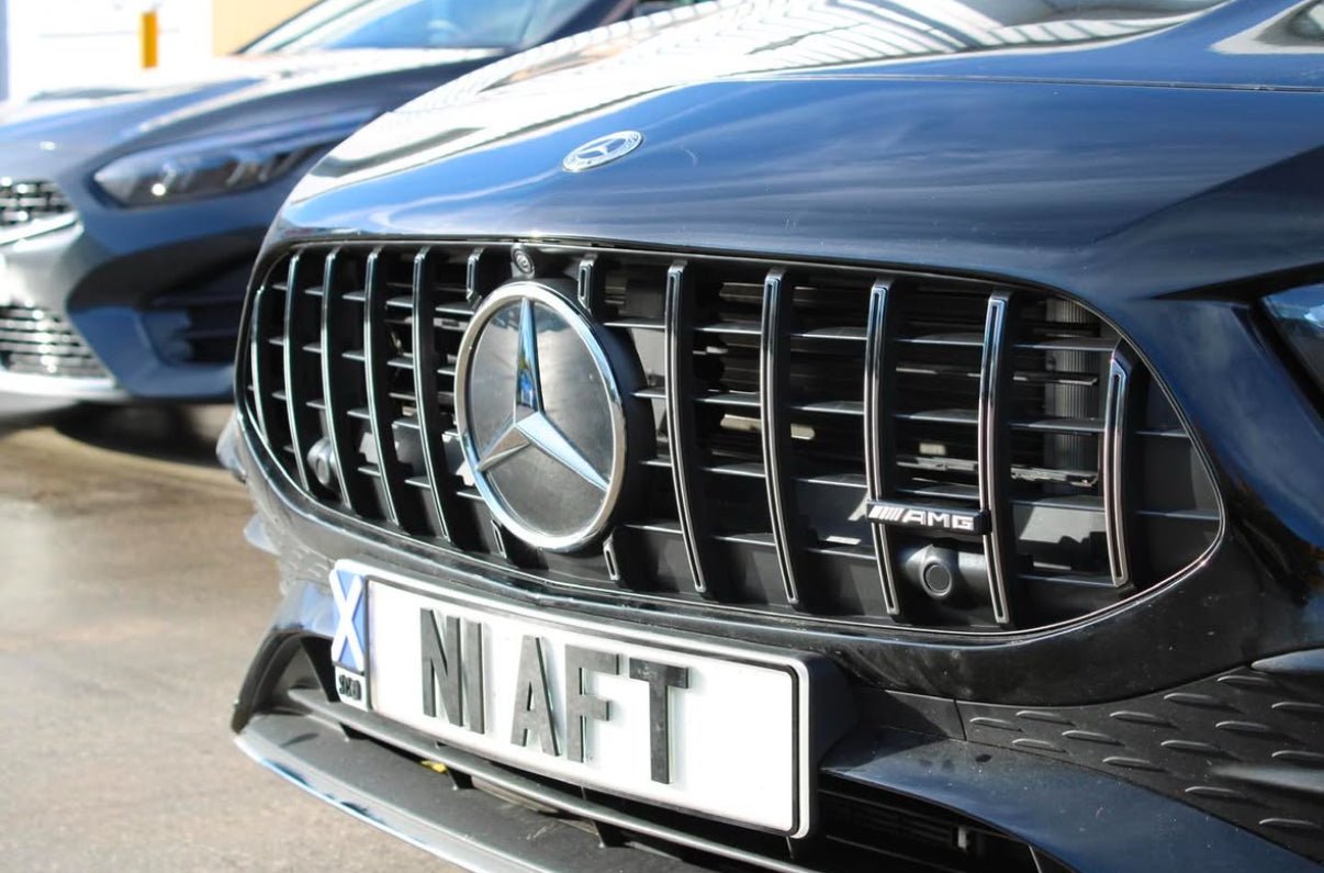Mercedes W177A35 LCI Panamericana Grille showcasing its glossy black and chrome finish.
