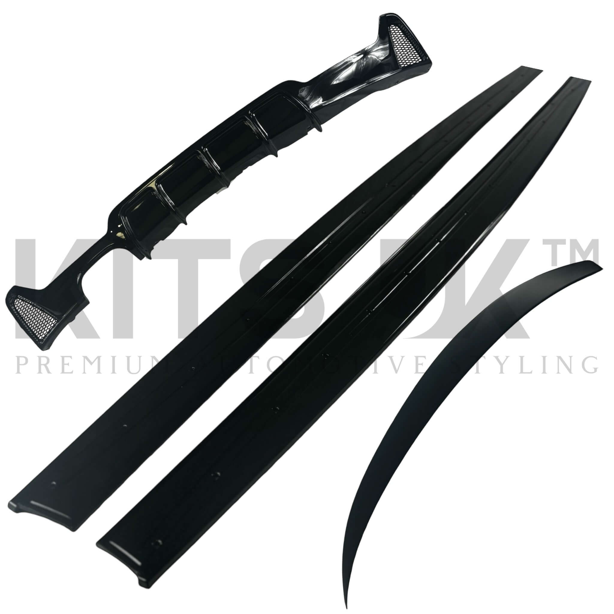 BMW 4 F32 F33 F36 Series rear end package including rear diffuser and side components in gloss black finish.