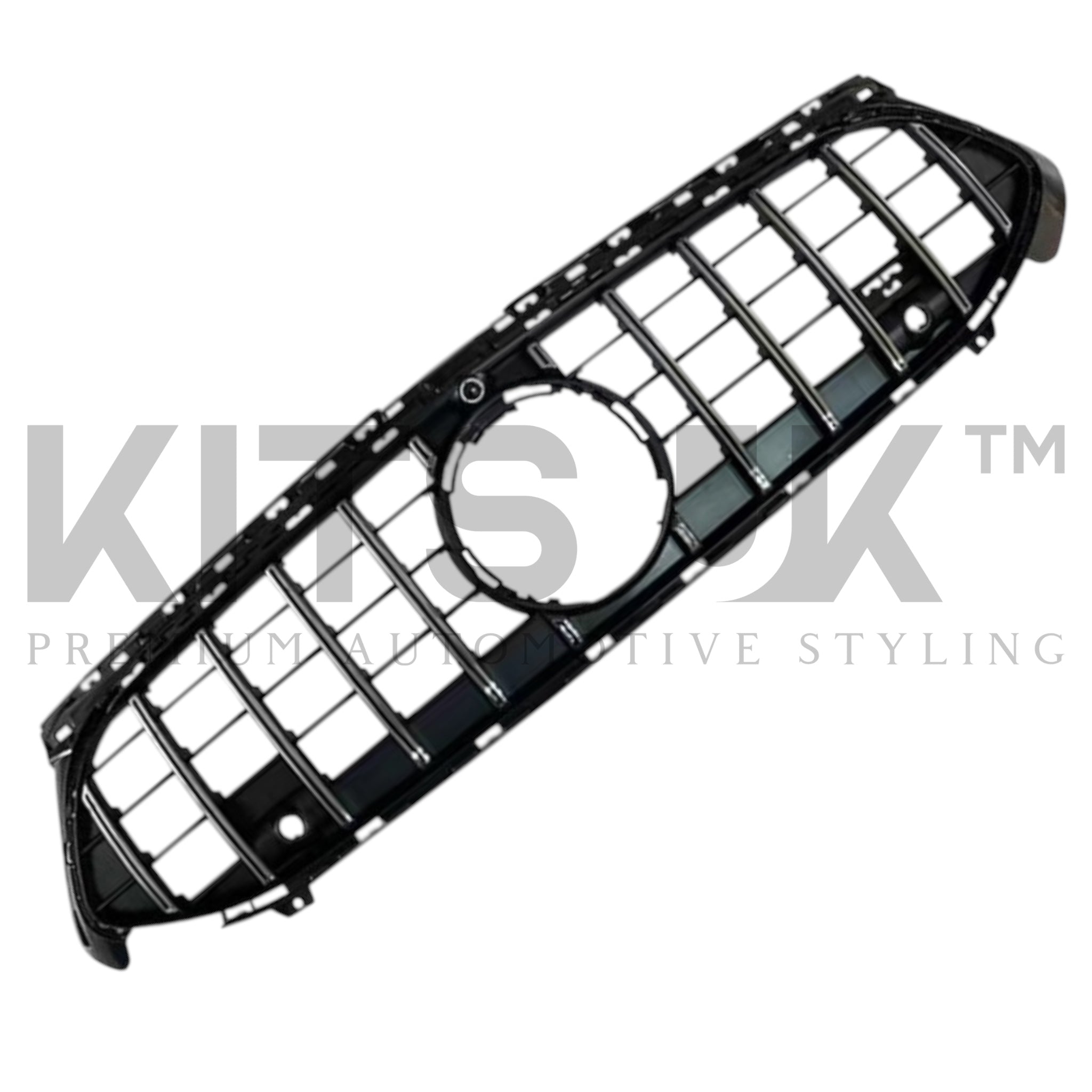 Mercedes W177A35 LCI Panamericana Grille Gloss Black & Chrome front view.