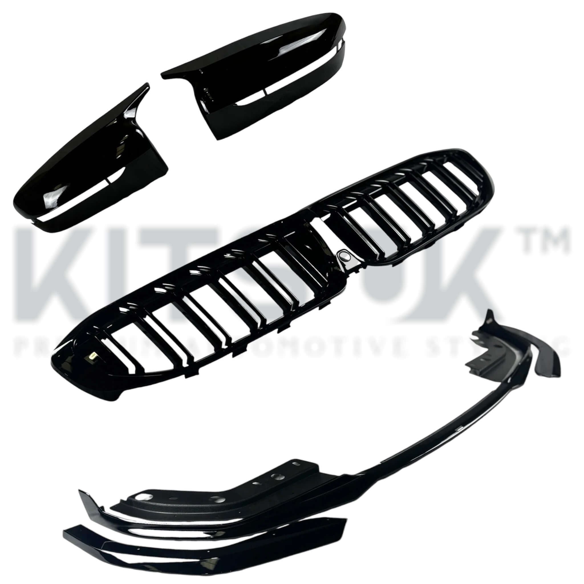 BMW G20 G21 Pre LCI Front End Package components including grille and trim in gloss black finish.