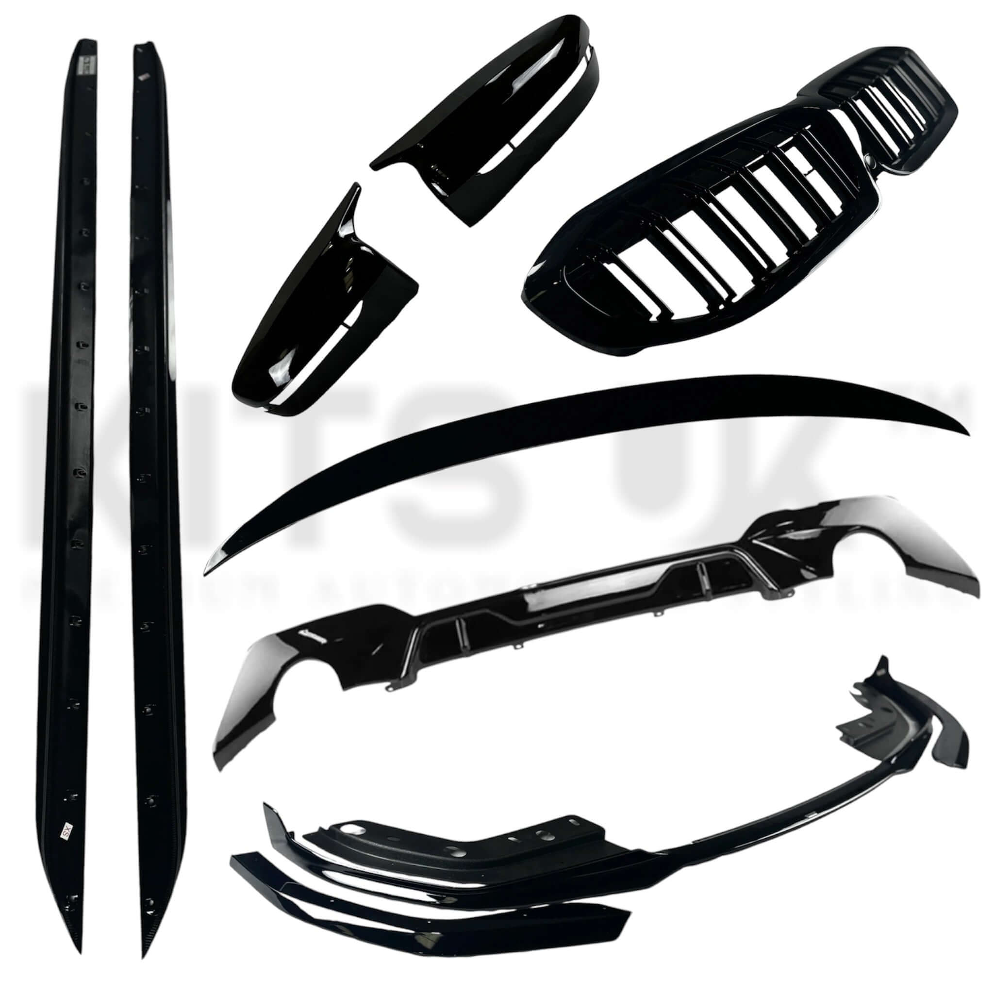 BMW G20 Pre LCI body kit Ultimate Package components including grille, splitter, and trim parts.