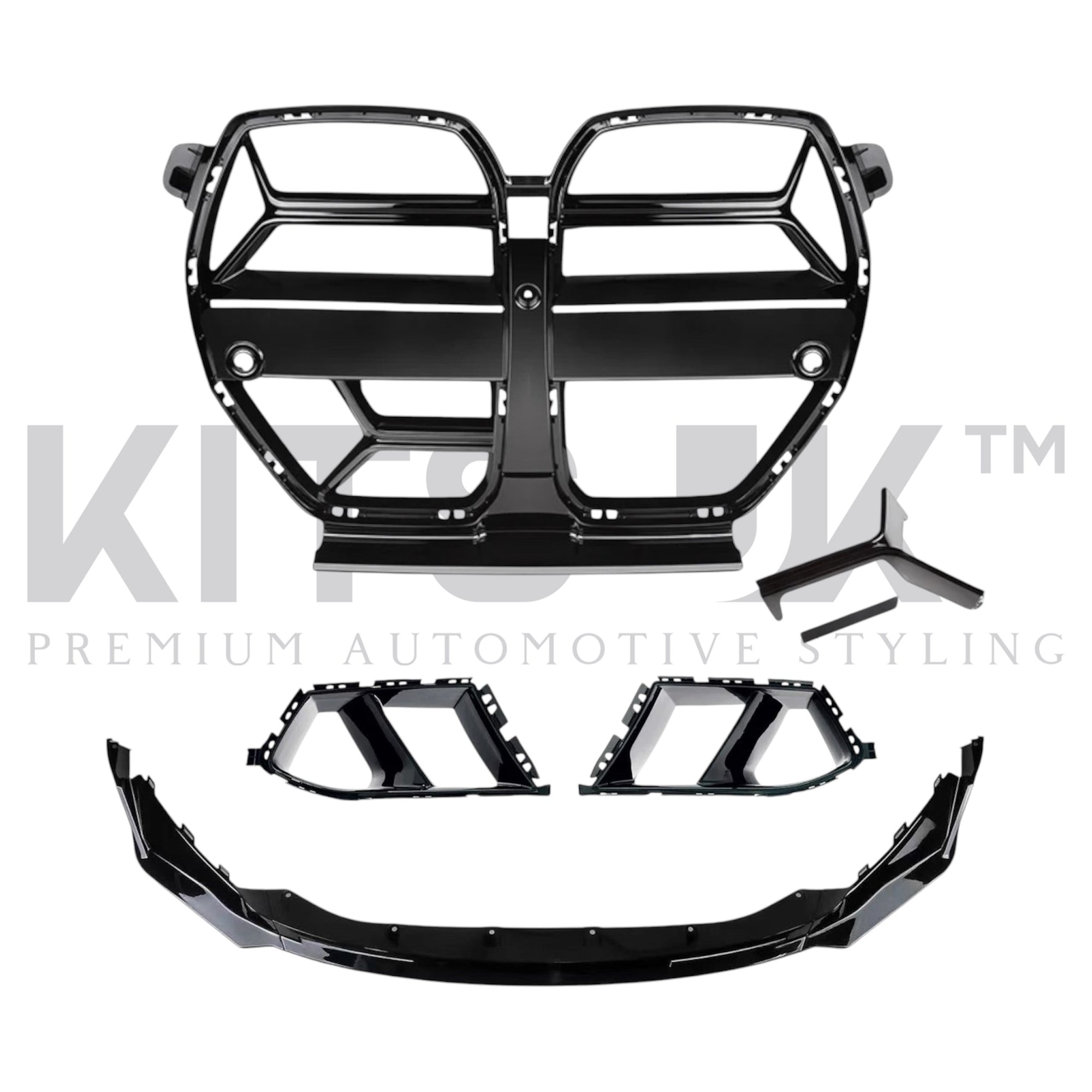 BMW M3 M4 G80 G81 G82 G83 Gloss Black Front End Package components display, including grille and front bumper.