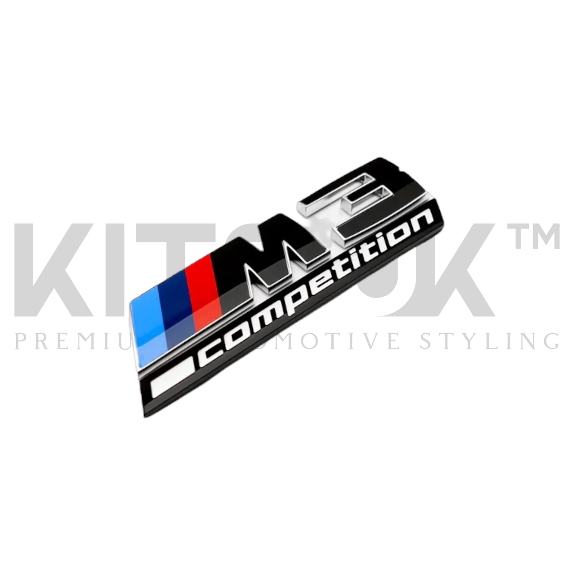 M3M4 Competition LCI Badge OEM for BMW M3 and M4, featuring glossy black and brushed silver design.