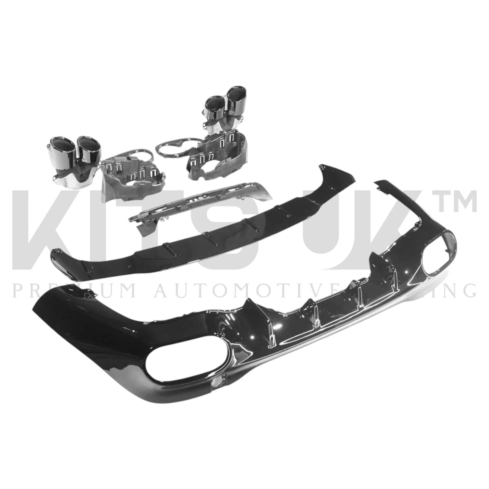 Mercedes CLA W118 C118 Rear Diffuser with Quad Tips showcasing gloss black finish and quad exhaust components.