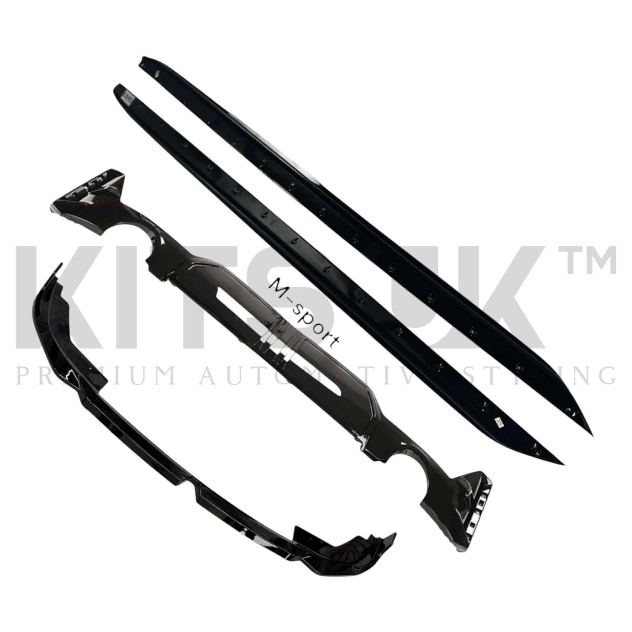 BMW 3 Series G21 LCI Performance Package front splitter, rear diffuser, and side extensions in gloss black.