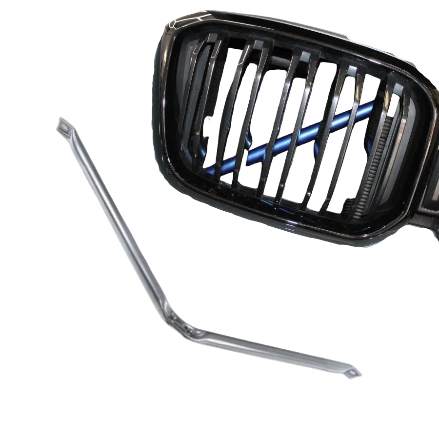 BMW V Brace Paint Service, showcasing a V brace beside a sleek car grill for enhanced engine bay styling.