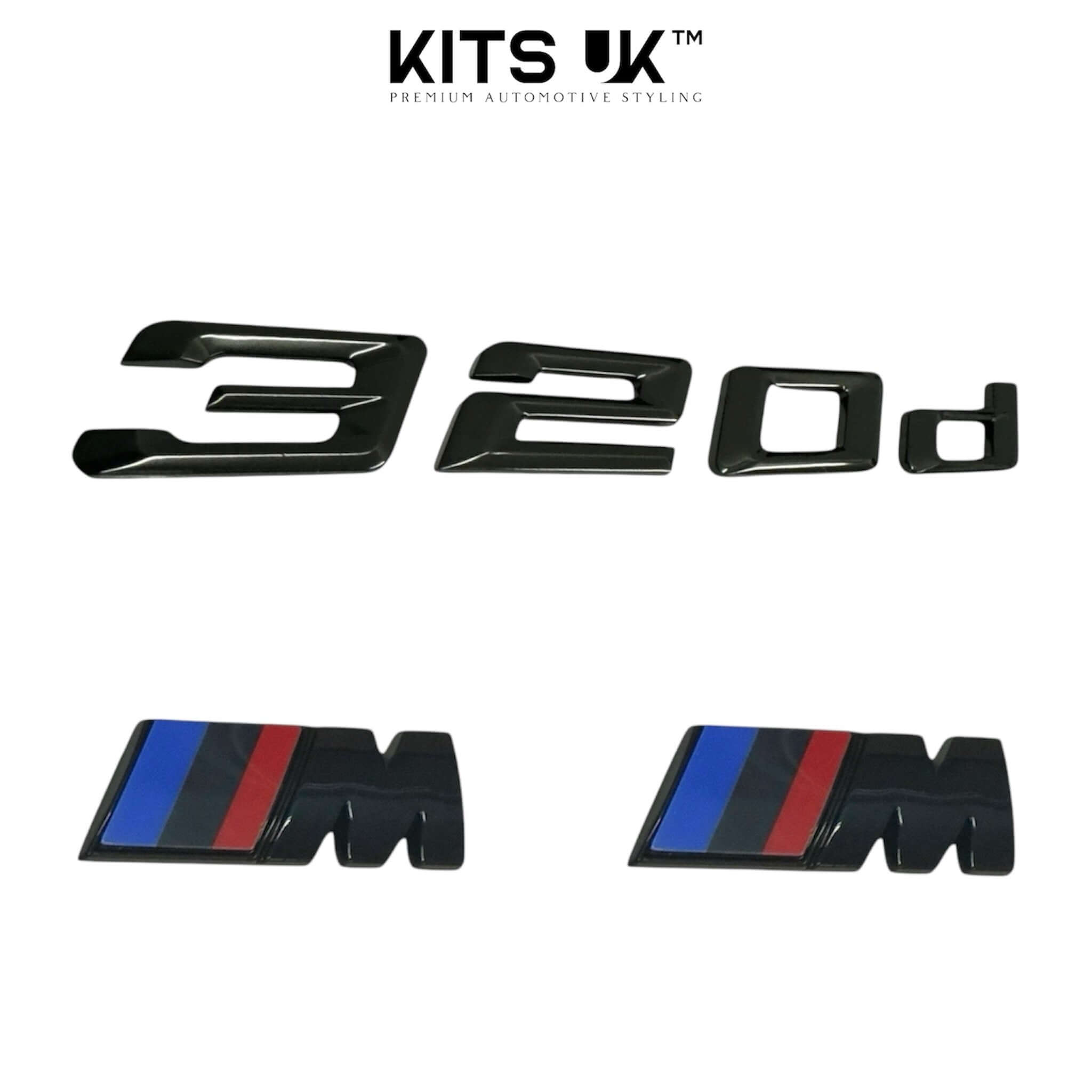 BMW RWD Black Badge Package featuring gloss black 320d and M badges for a modern look.