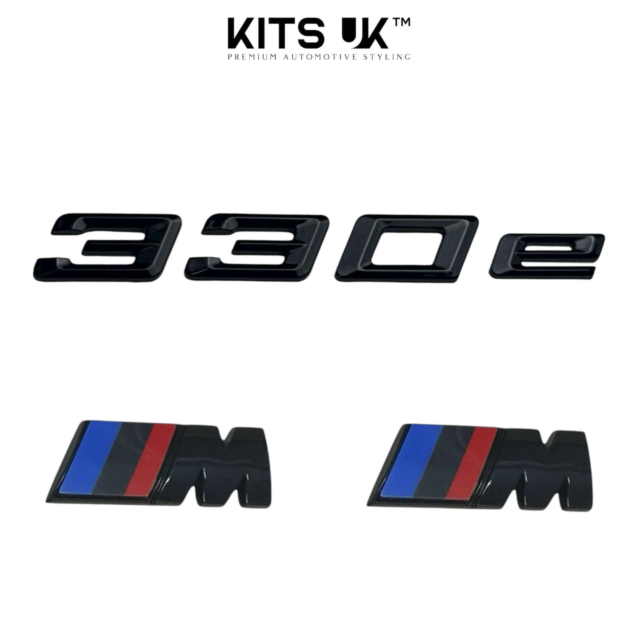 BMW RWD Black Badge Package with 330e and M badges showcasing high gloss black finish.