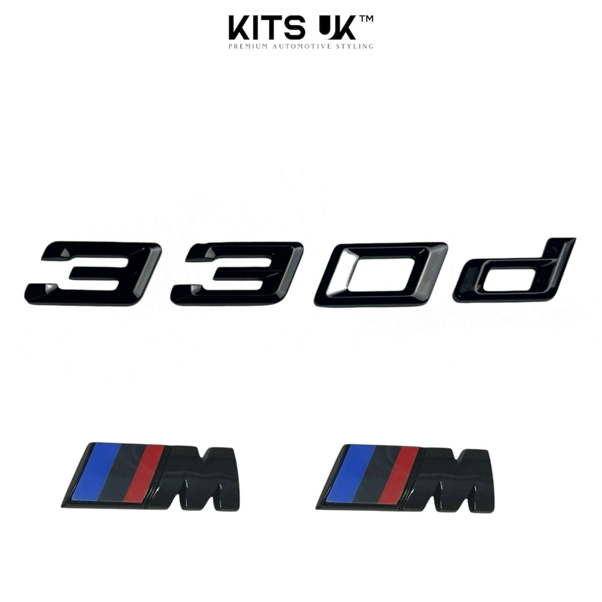 BMW RWD Black Badge Package logo set featuring 330d and M badges in gloss black finish.