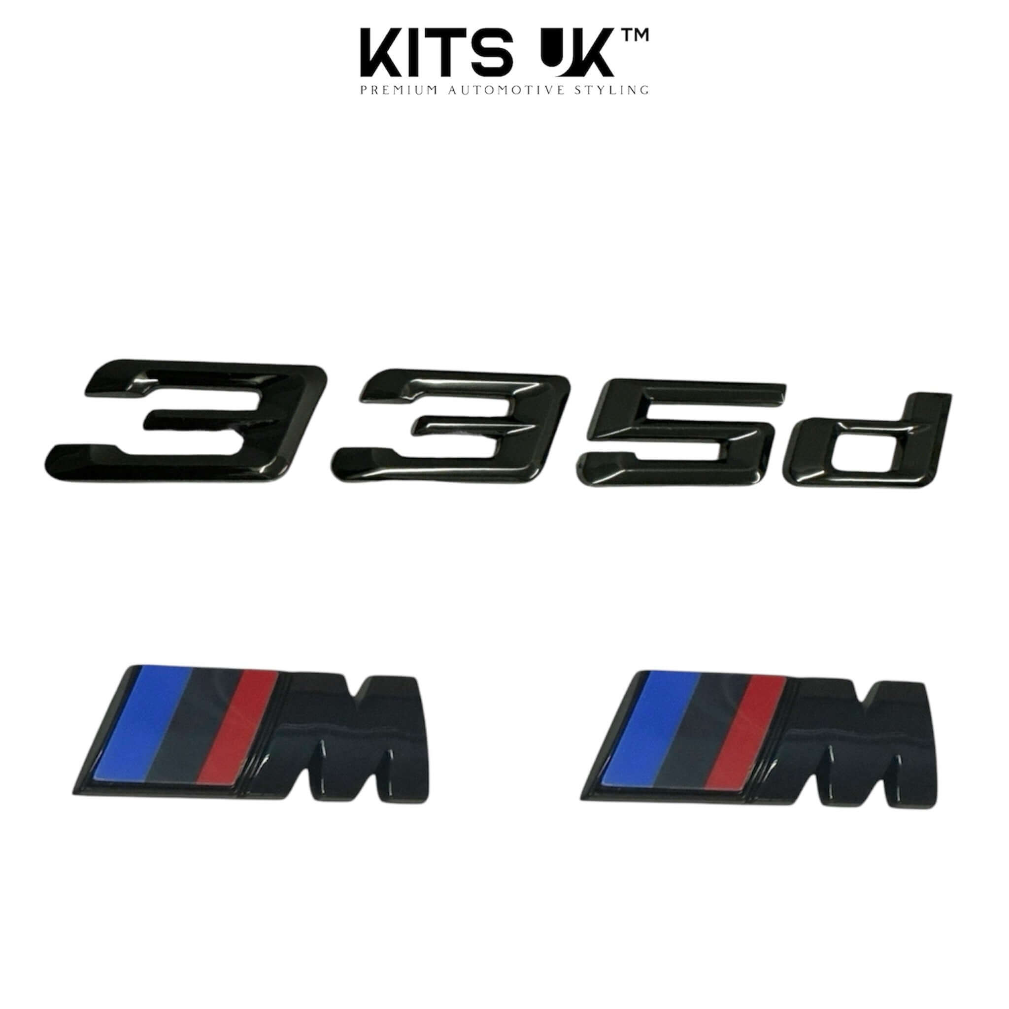 BMW RWD Black Badge Package featuring 335d and M badges in high gloss black finish.