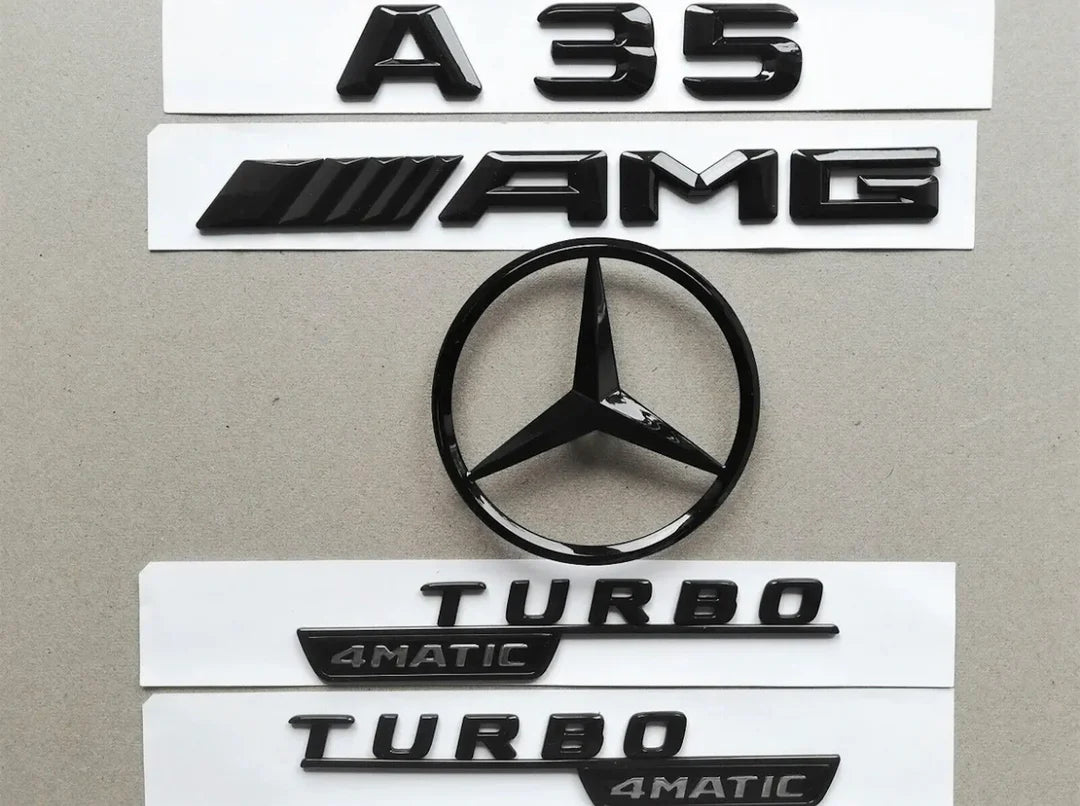Mercedes A35 Ultimate Body Kit emblems and badges including AMG and 4MATIC logo.