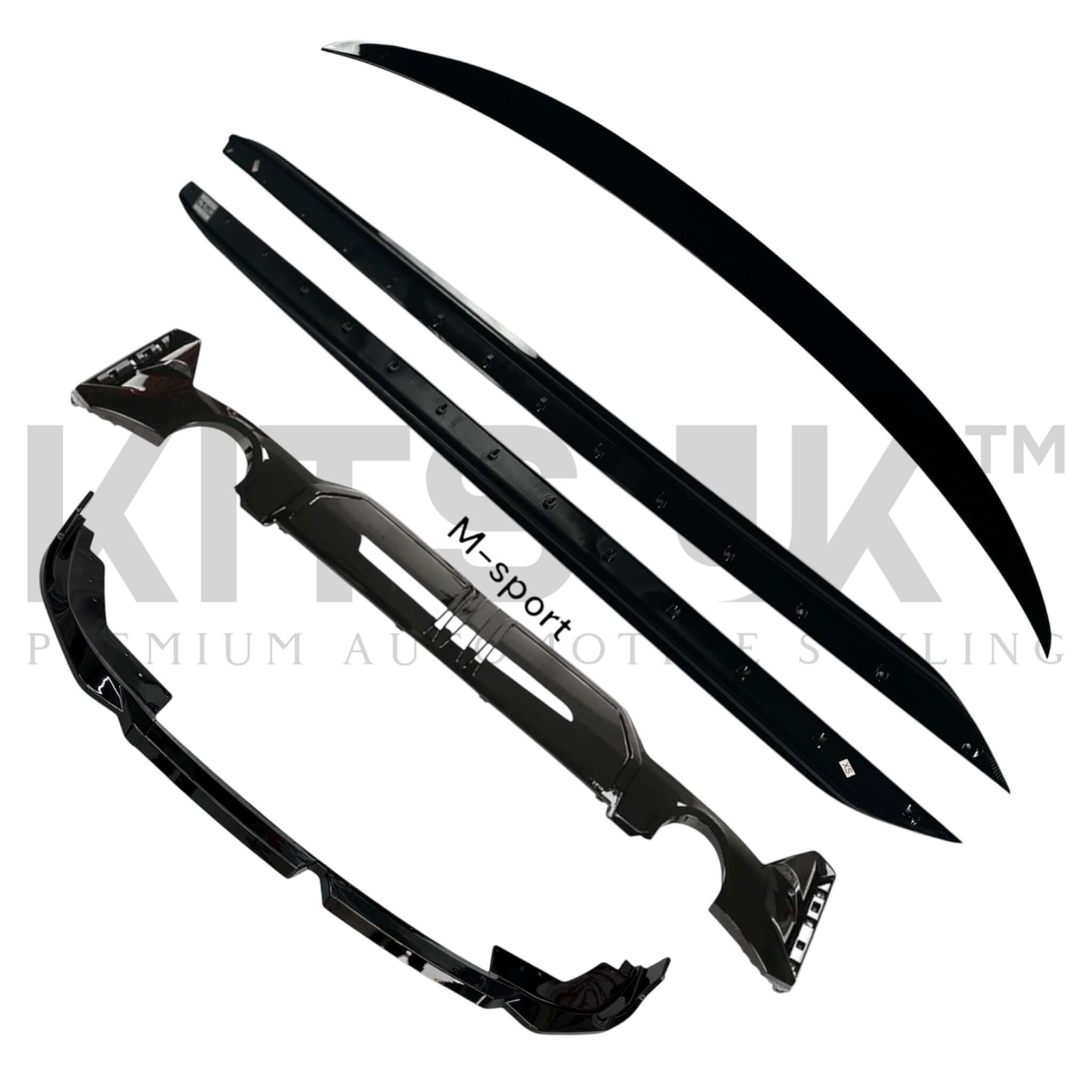 BMW 3 Series G20 LCI performance package components including front splitter, side extensions, and spoiler in gloss black