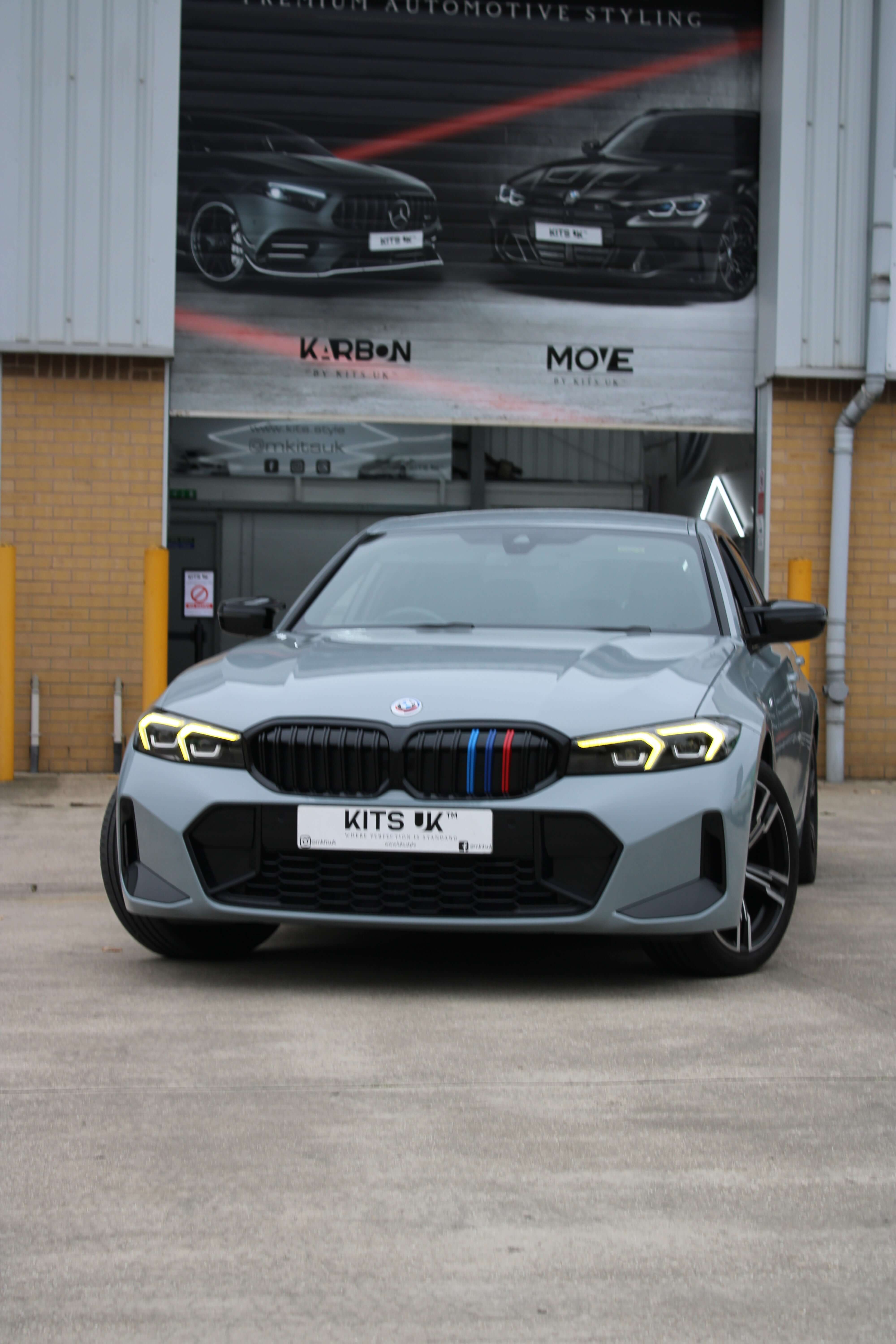 BMW yellow DRLs illuminating with a vibrant yellow glow, highlighting the design and functionality.