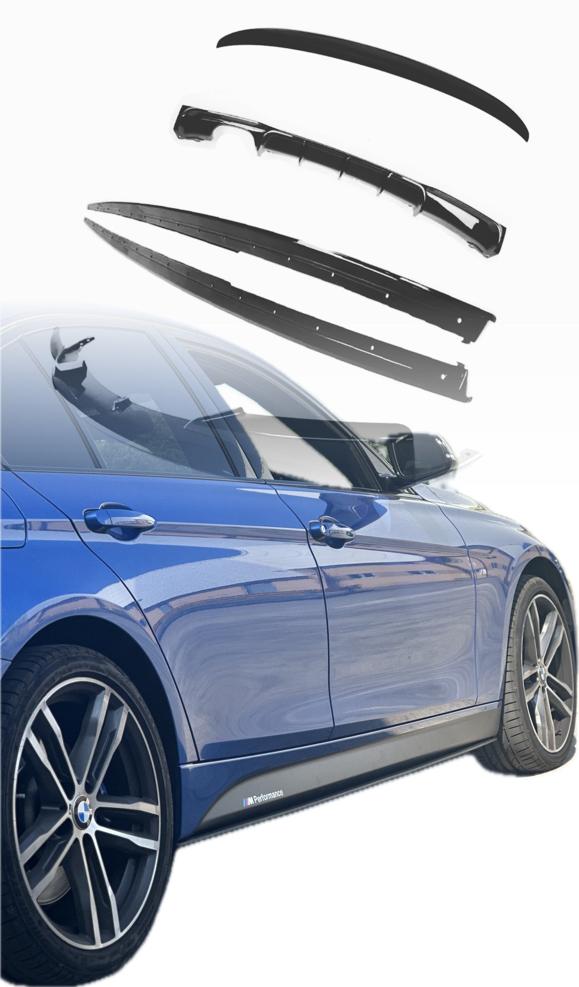 BMW F30 Ultimate Package parts displayed alongside a blue BMW 3 Series F30 showcasing exterior styling components.