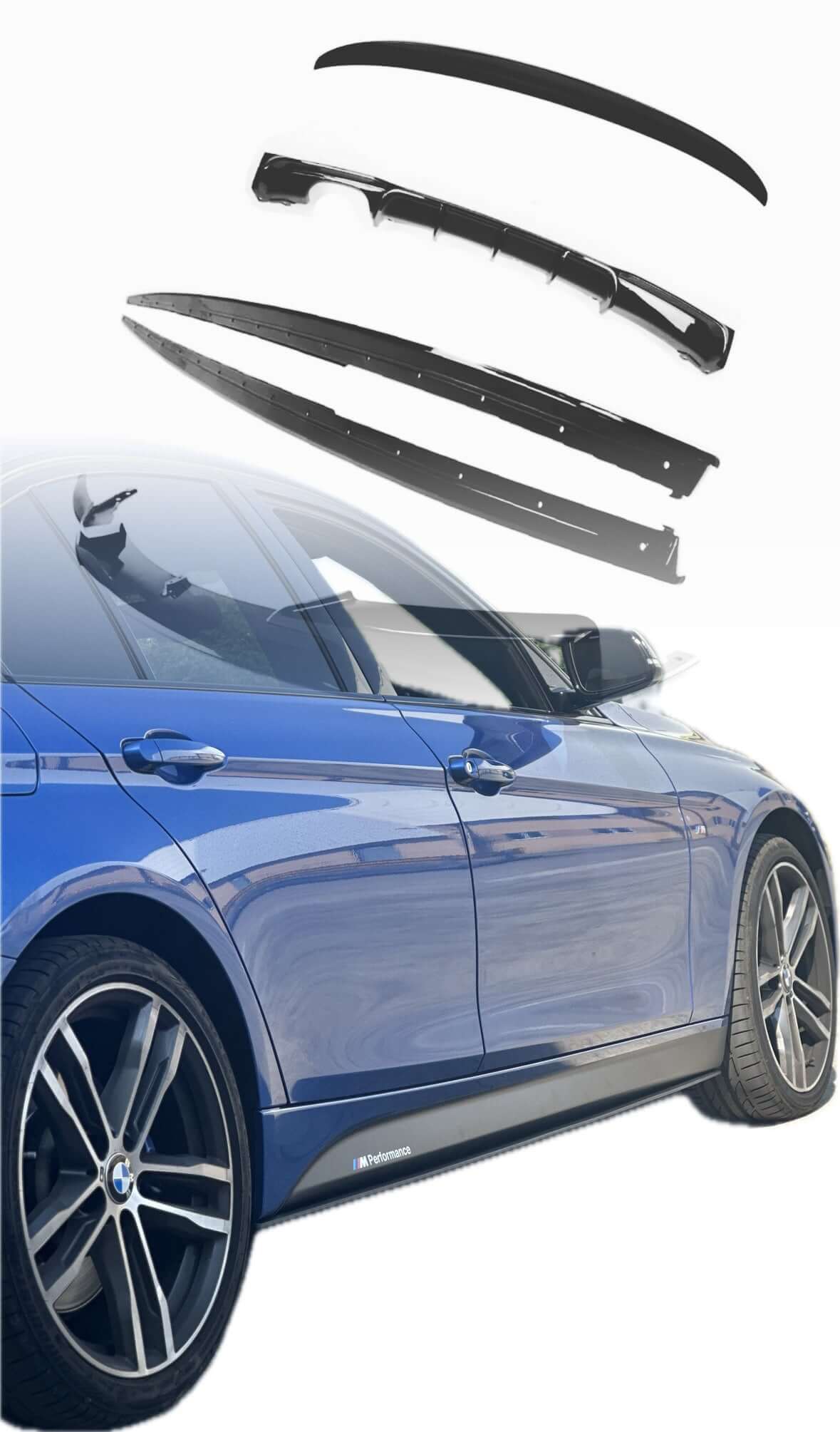 BMW F30 Ultimate Package parts displayed alongside a blue BMW 3 Series F30 showcasing exterior styling components.