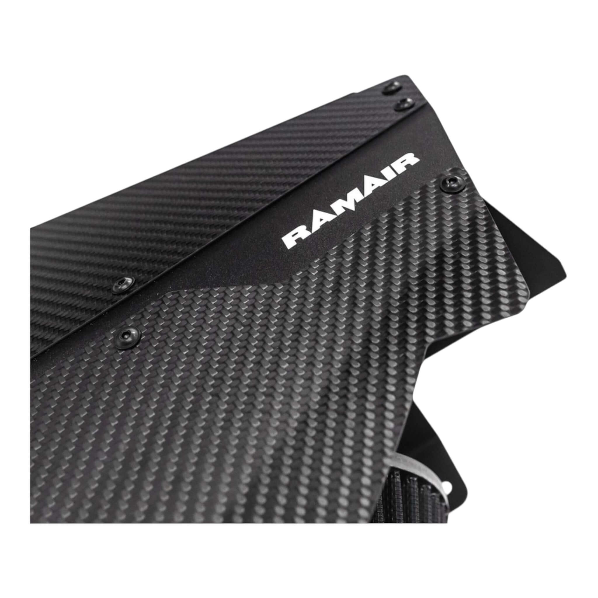 RamAir carbon lid detail for M2 M3 M4 S58 performance induction kit, showcasing high-quality material and design.