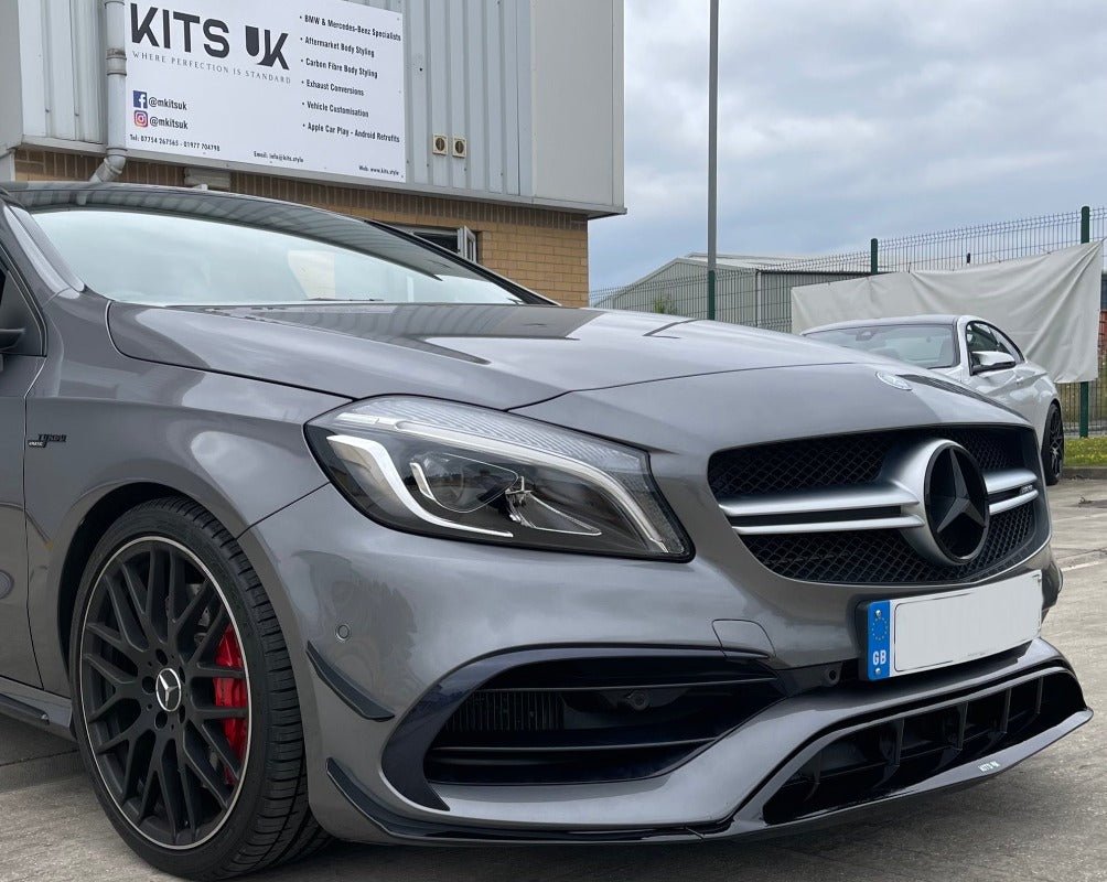 Mercedes A Class, W176 Facelift Front Splitter with Flicks (Gloss Black) - KITS UK