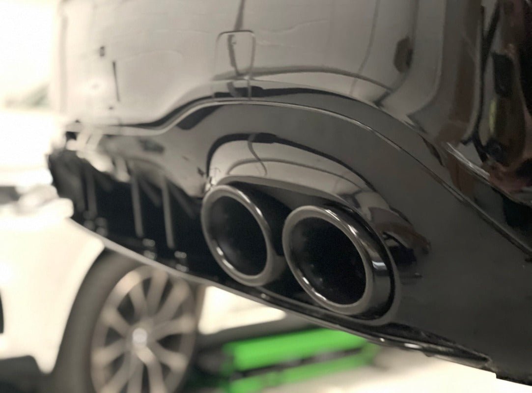 Mercedes A35 Quad Tips with glossy black finish showcasing aggressive rear styling