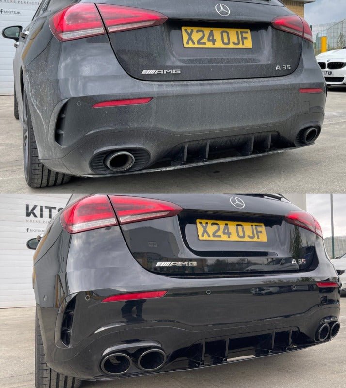 Mercedes A35 Quad Tips installed on a black Mercedes A35 showcasing aggressive rear styling.