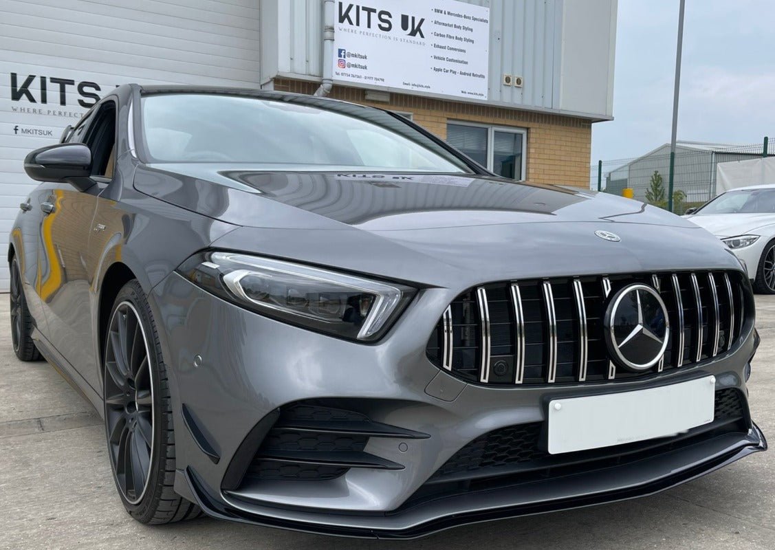 Mercedes W177 A35 Panamericana Grille | GTR Style Front Grille PFL on a gray Mercedes A Class vehicle