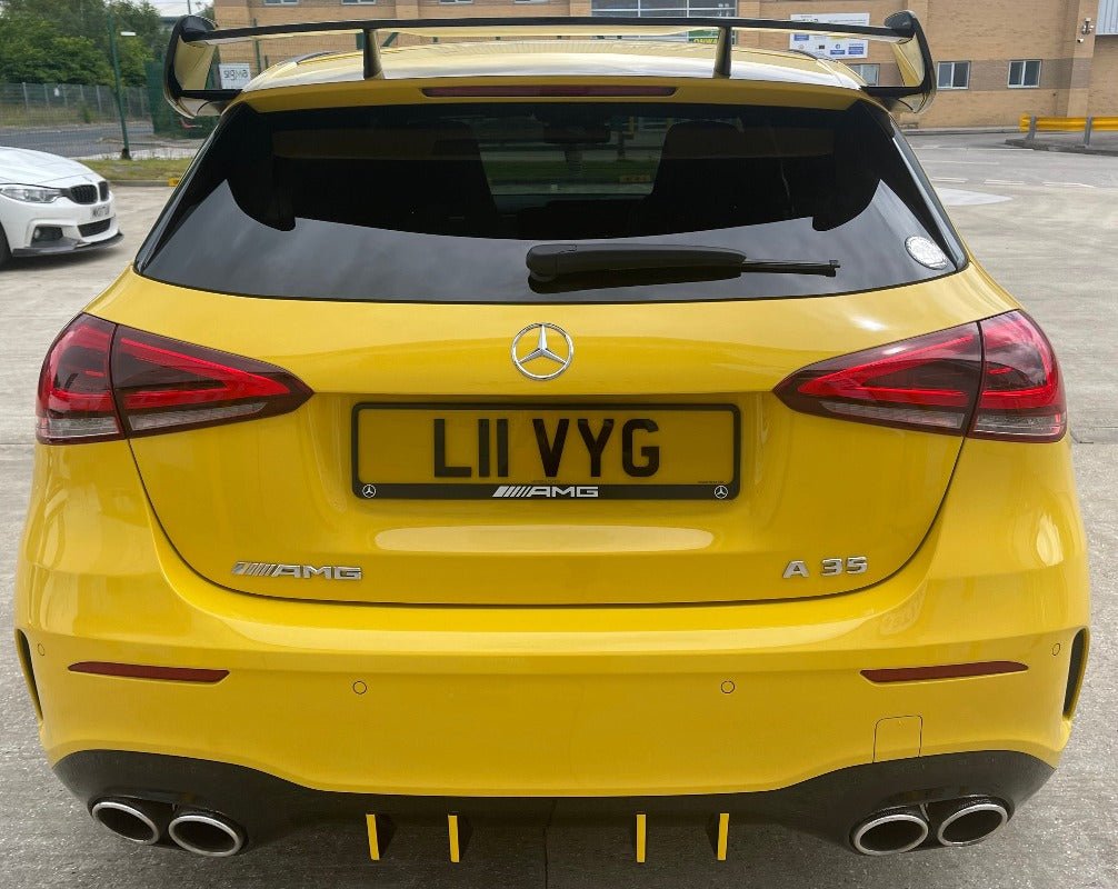 Mercedes W177 AMG Style Roof Spoiler on a yellow Mercedes A-Class showcasing sporty design and performance enhancements.