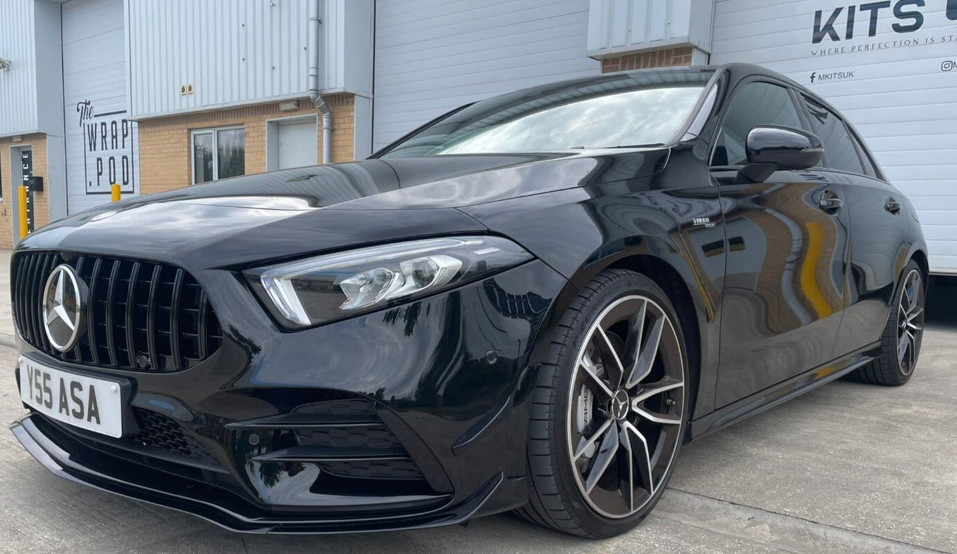 Mercedes A35 Front Aero Package enhancing the vehicle's aggressive front-end style with a premium gloss black finish.