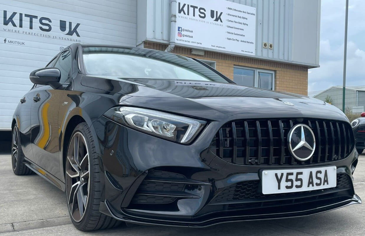 Mercedes Benz A35 aero package displayed on a black Mercedes Benz A35 at KITS UK