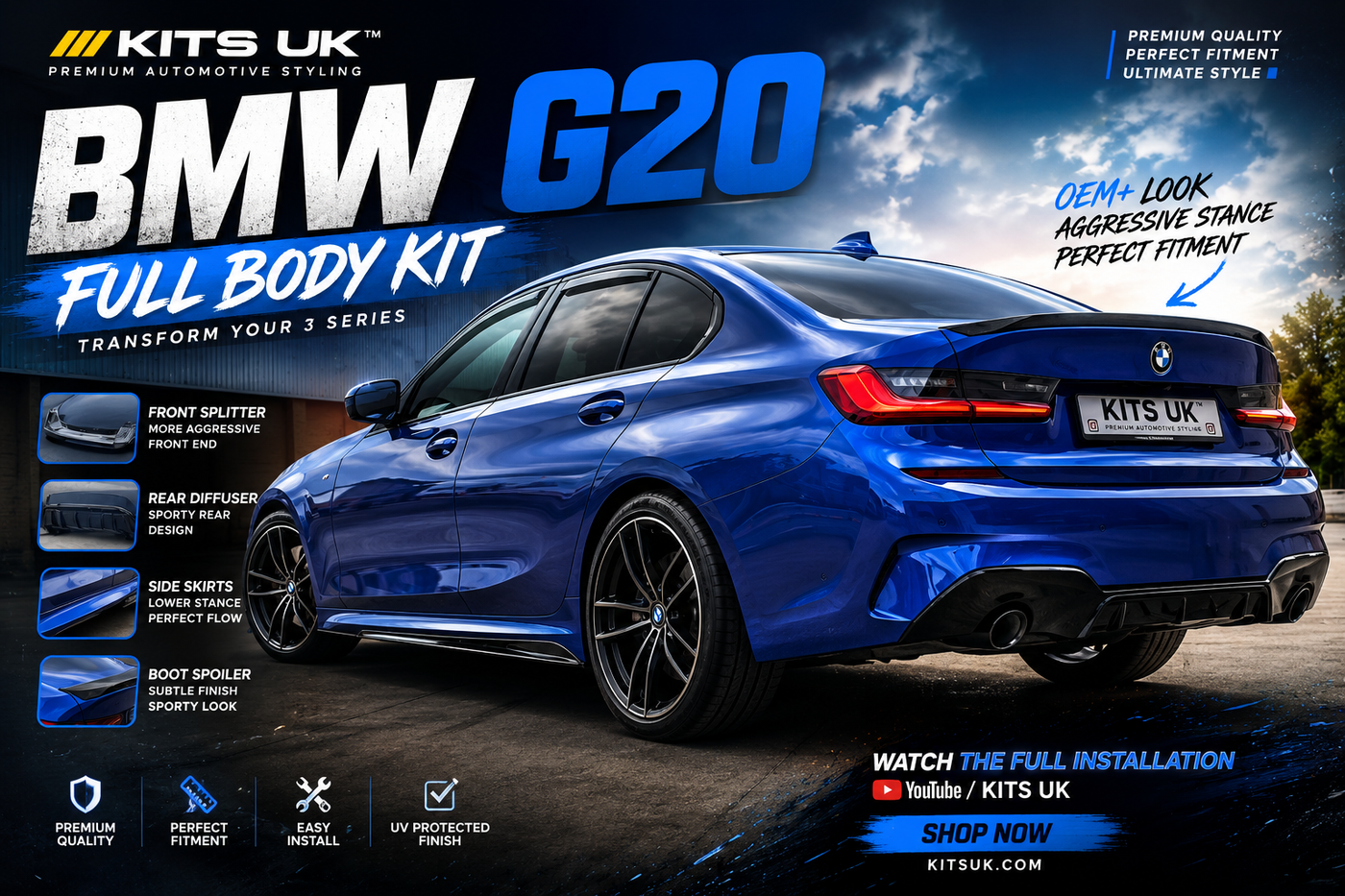BMW G20 Full Body Kit Installation Guide featuring splitters, diffusers, side skirts, and spoilers.