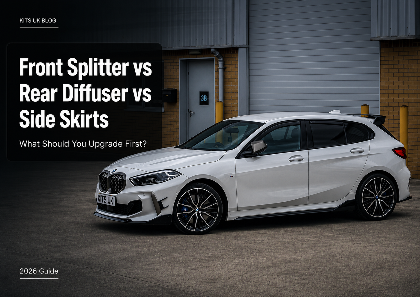 BMW with front splitter side skirts and rear diffuser showing exterior styling upgrades