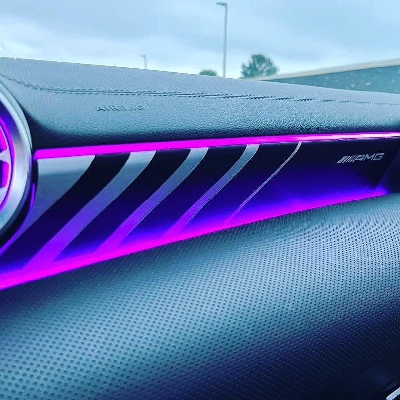 Mercedes W177 A35 A45 Dash Decal showcasing a modern interior with ambient lighting and premium design features.