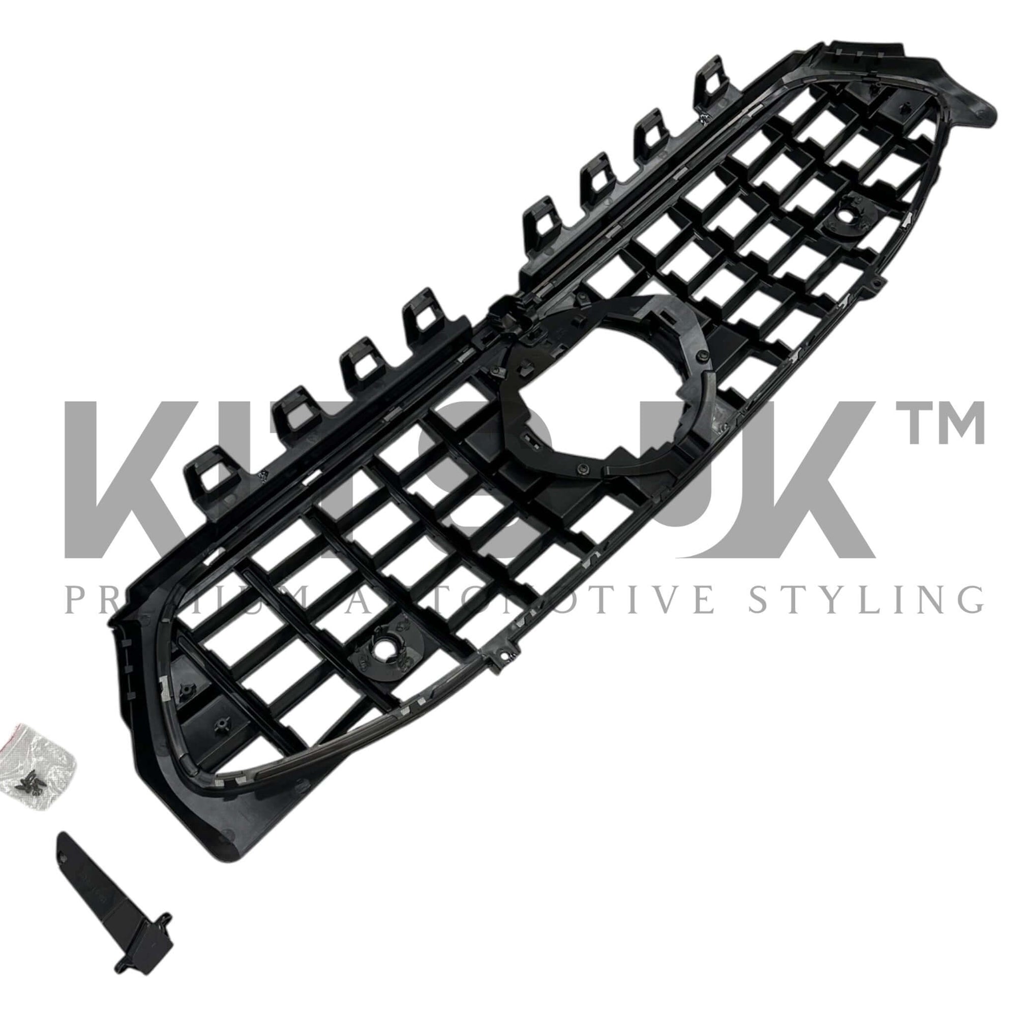 Mercedes CLA W118 C118 Panamericana Grille | Gloss Black AMG Line front view with attachment parts