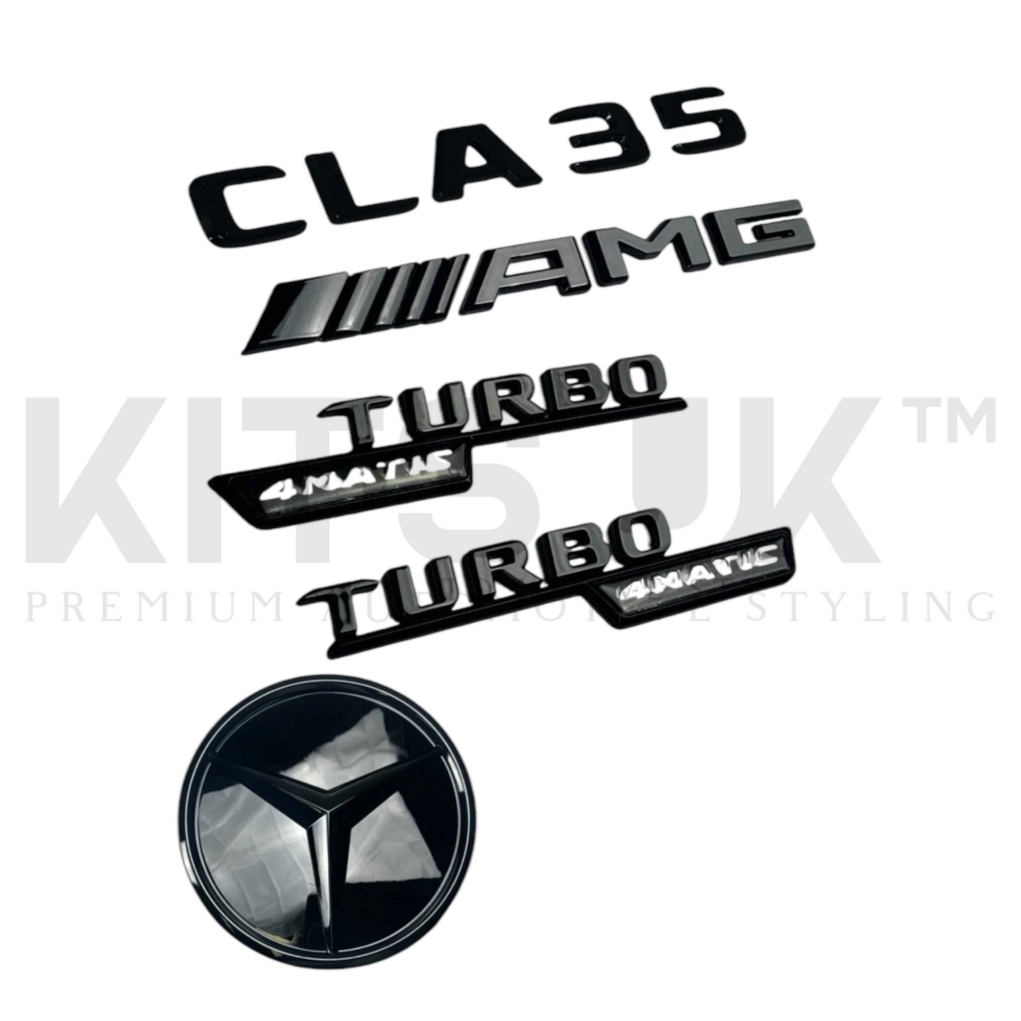 Mercedes C118 CLA35 Black Badge Package with gloss black emblems and front grille star.